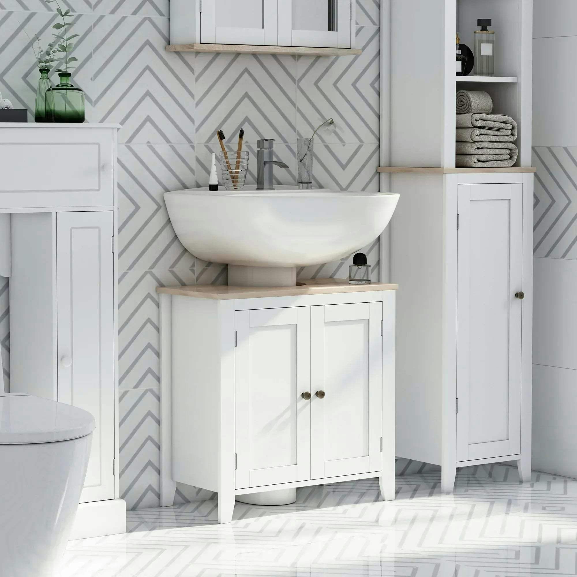 kleankin Under Sink Cabinet, Bathroom Sink Cabinet, Pedestal Design, White | Bathroom Sink Cabinet with 2 Doors, Freestanding Bathroom Cupboard, Adjustable Shelf - Image 5