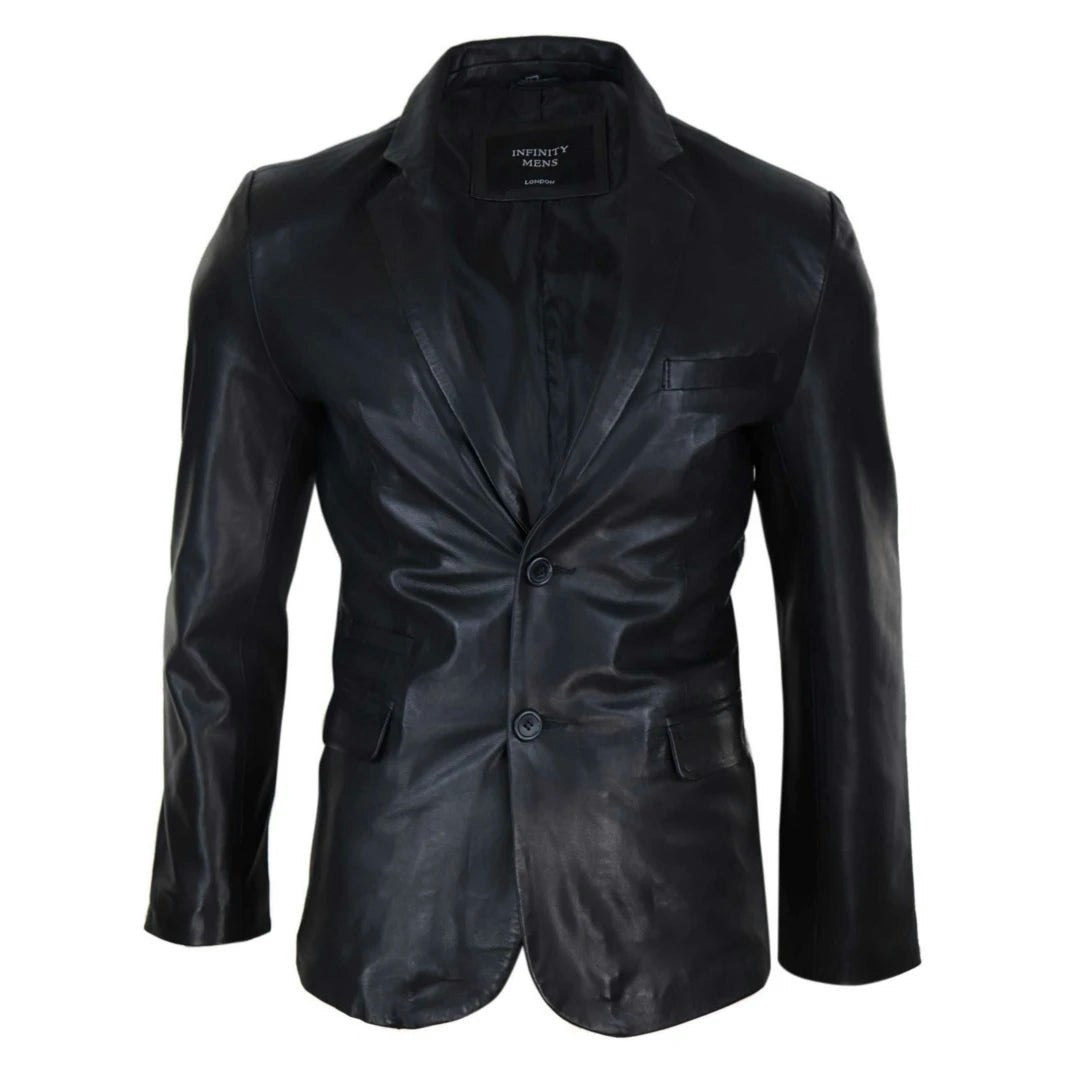 Infinity Leather Men's Black Leather Company Classic Leather 2 Button Blazer Jacket - Large