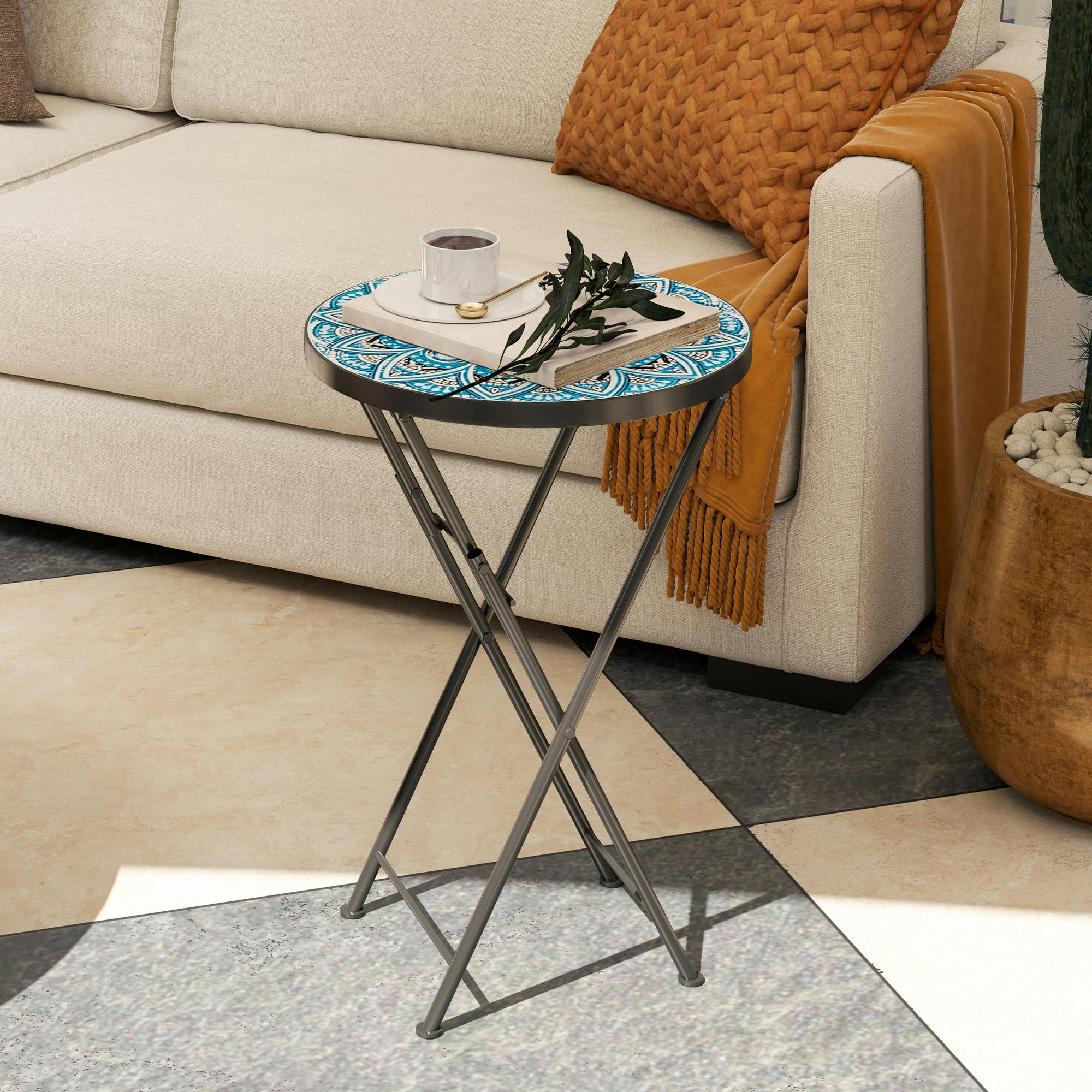 Rackhams Blue Mosaic Garden Table, 35.5Cm Folding Coffee Table, - 1 - 35.5