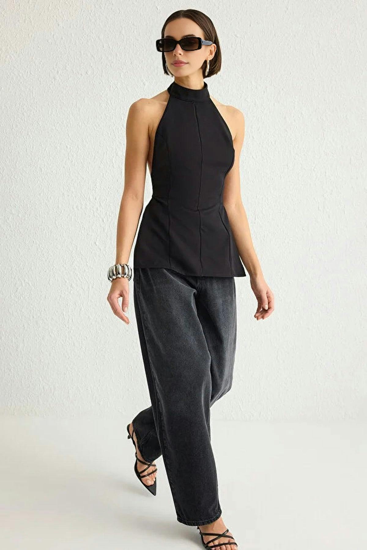 Wovcor Black Backless Halter Neck Woven Blouse - 6