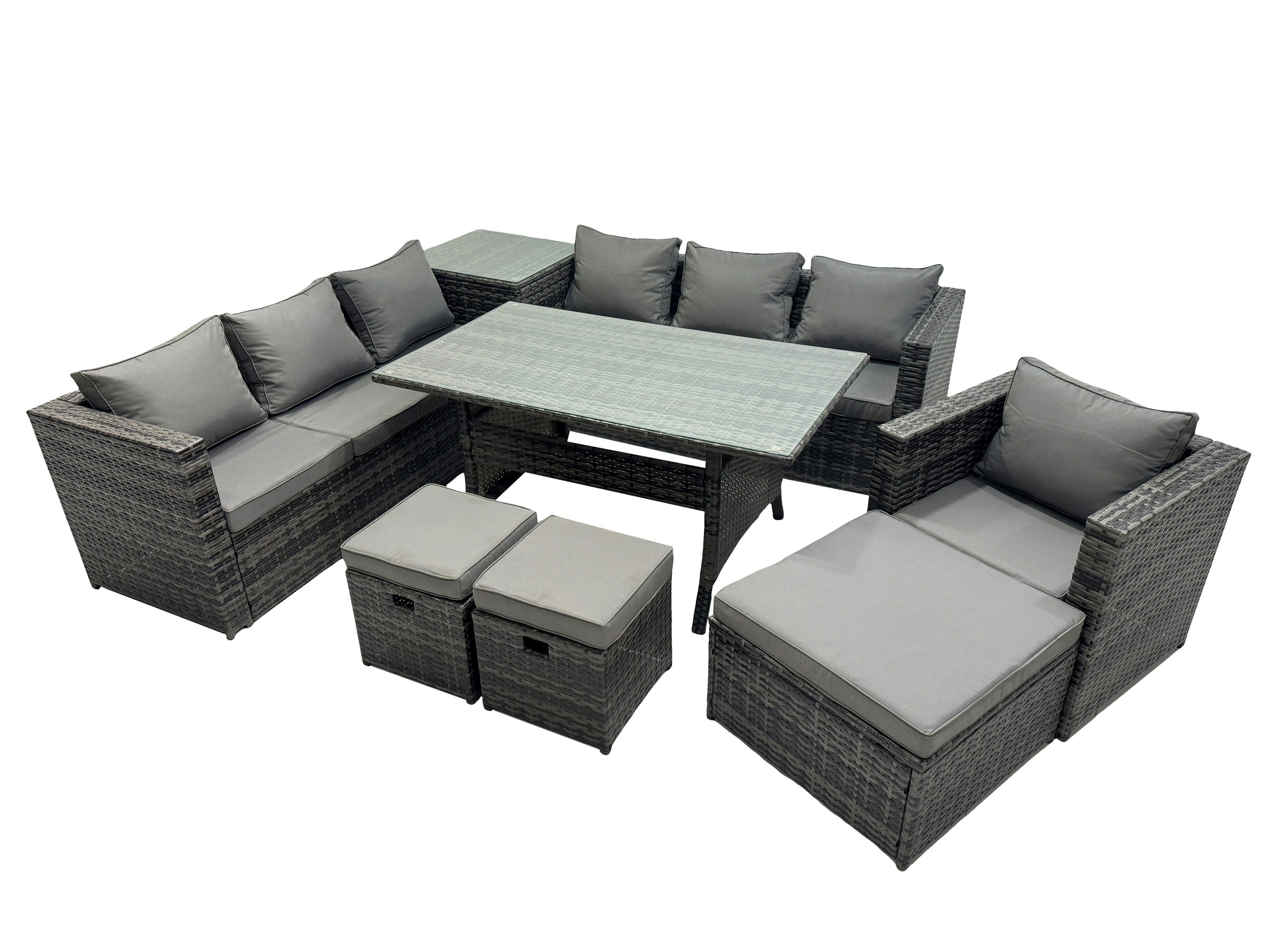 Rackhams Dark/Grey 10 Seater Outdoor Corner Sofa Chair Dining Table Set Garden Rattan Furniture Set With Side Table 3 Stools