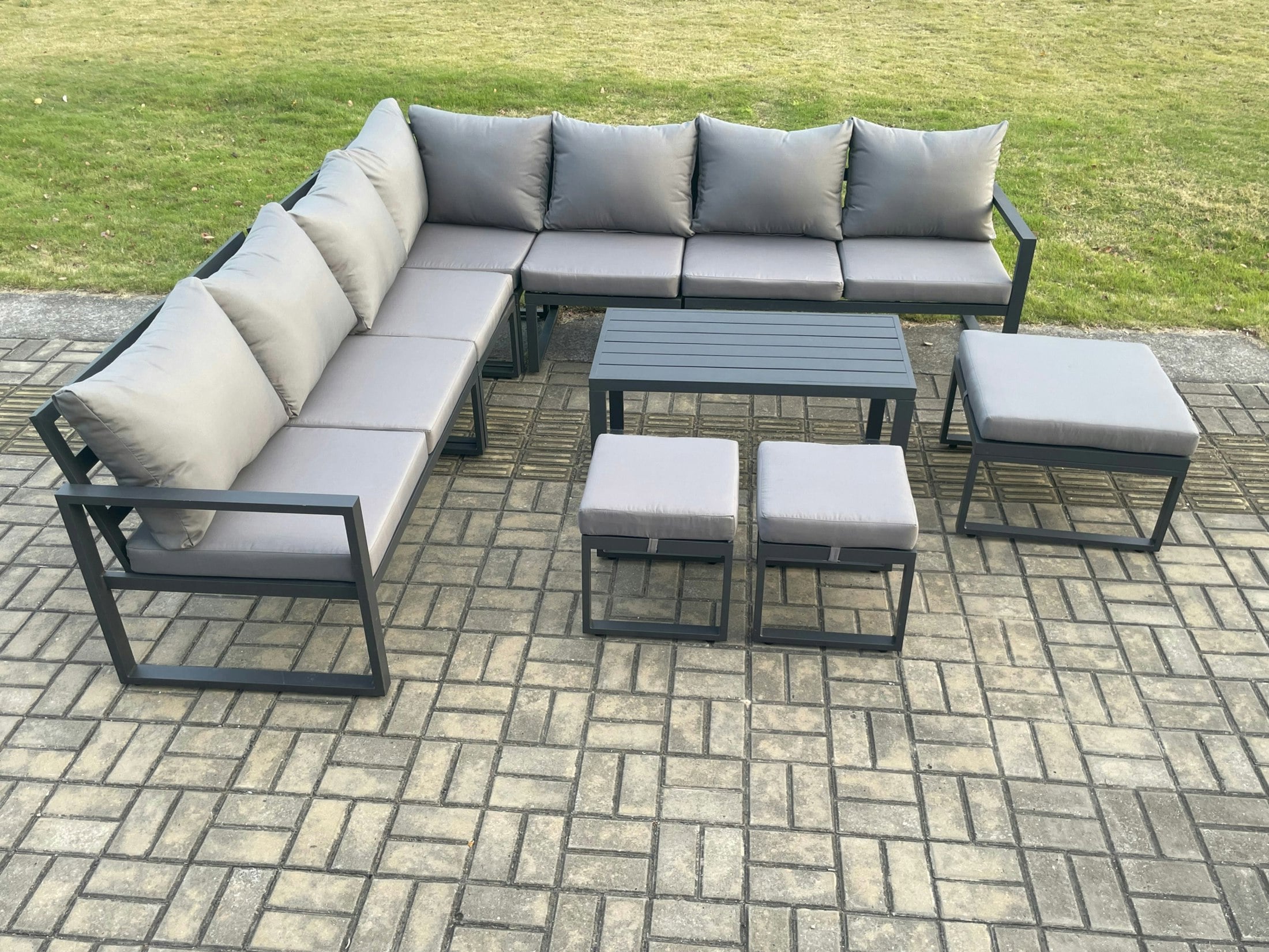 Fimous Dark/Grey Aluminium Outdoor Garden Furniture Set Lounge Corner Sofa Oblong Coffee Table Sets With 3 Footstools