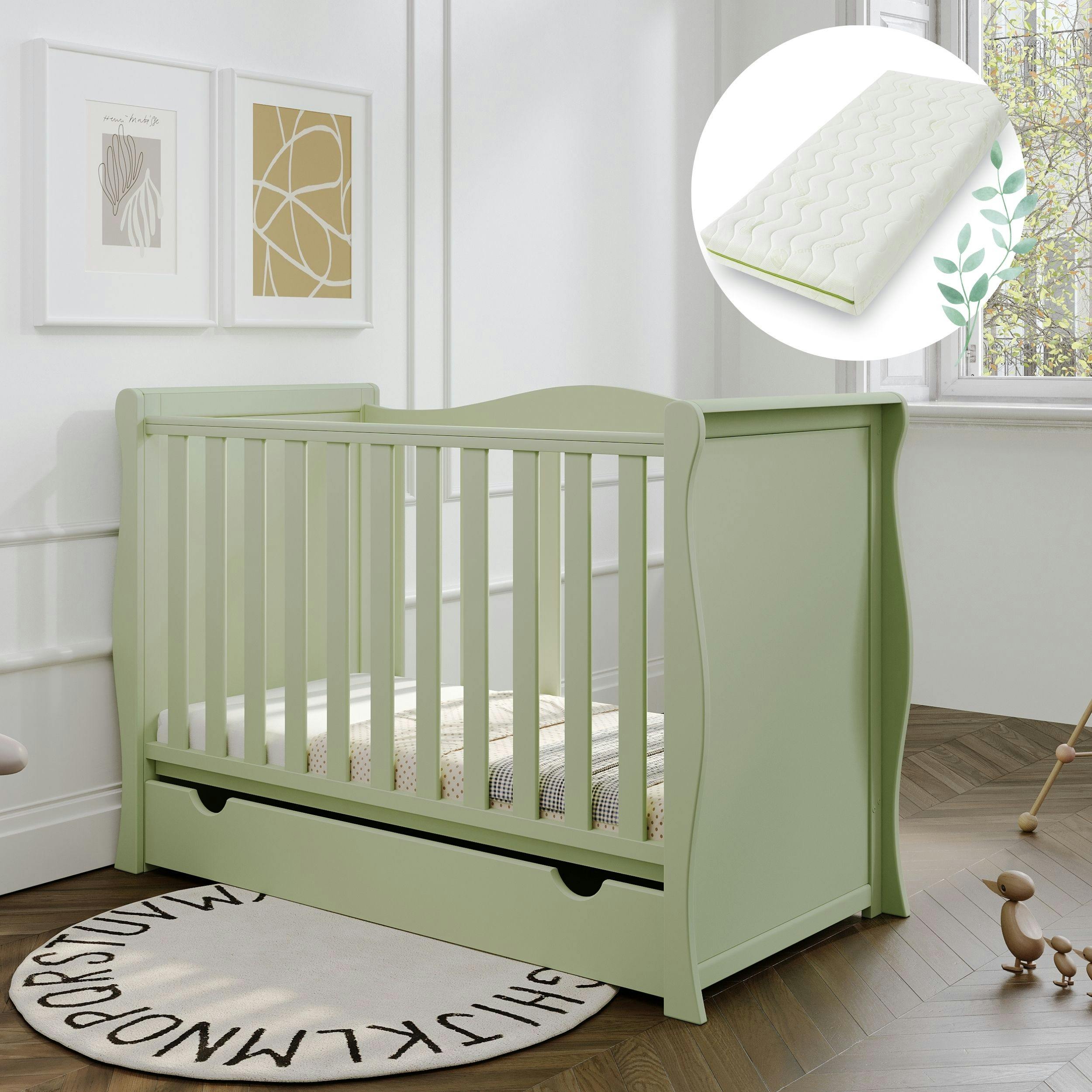 Viculii Willow Sleigh Mini Cot Bed Pistachio With Drawer And Bamboo Mattress - Pistachio