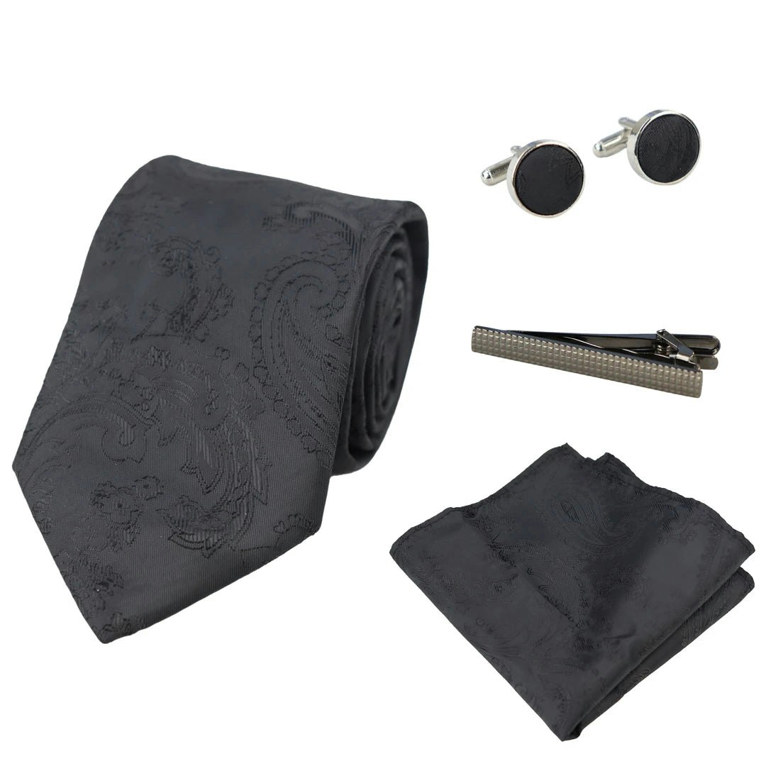 Paul Andrew Black Paisley Neck Tie Gift Set Pocket Square Cuff Links Floral Satin
