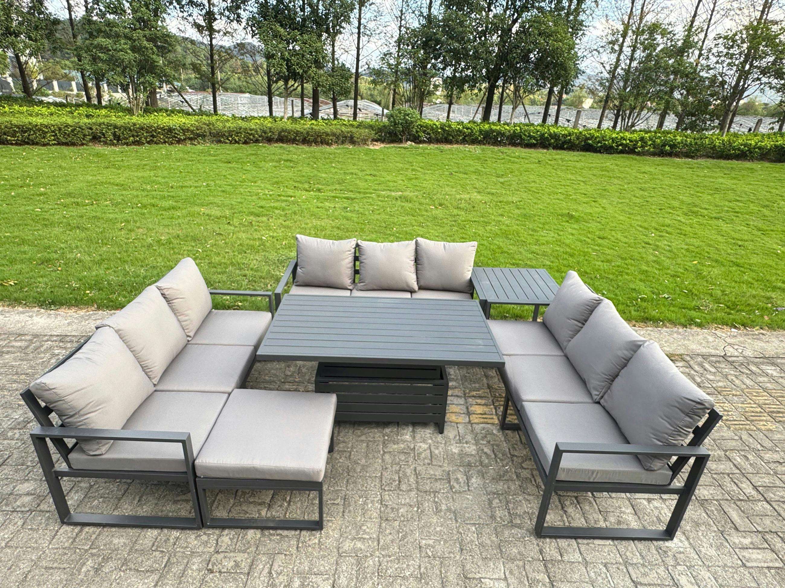 Rackhams Dark/Grey U-Shaped 10-Seater Aluminium Garden Furniture Outdoor Dining Set With Adjustable Rising Lifting Dining Table Side Table Big Footstool