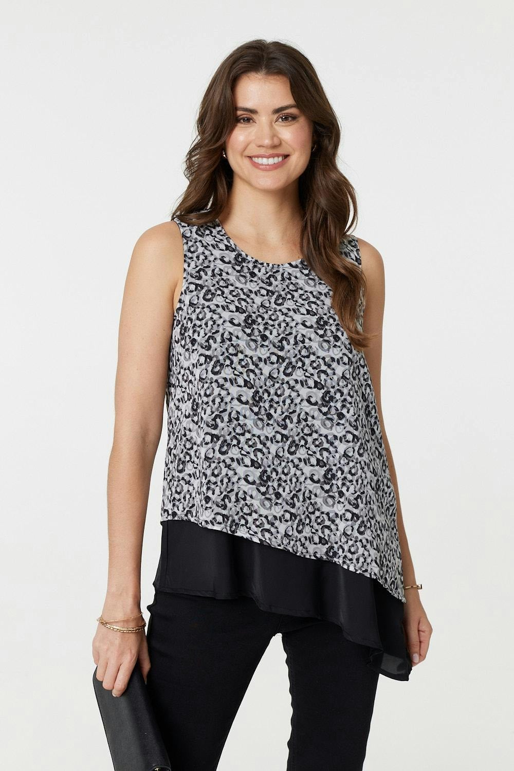 Izabel London Black Printed Asymmetric Sleeveless Tunic Top - 10