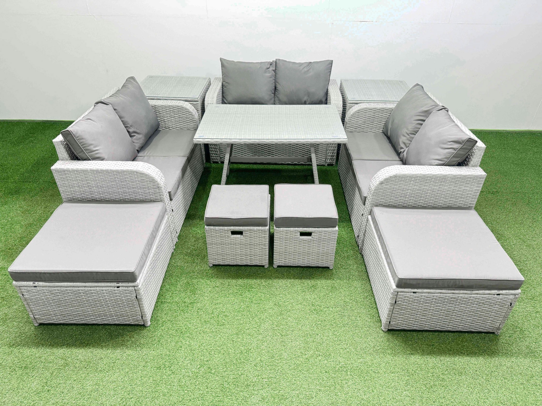 Rackhams Light/Grey 10 Seater Patio Garden Furniture Sets With Dining Table Love Sofa 2 Side Tables 4 Stools