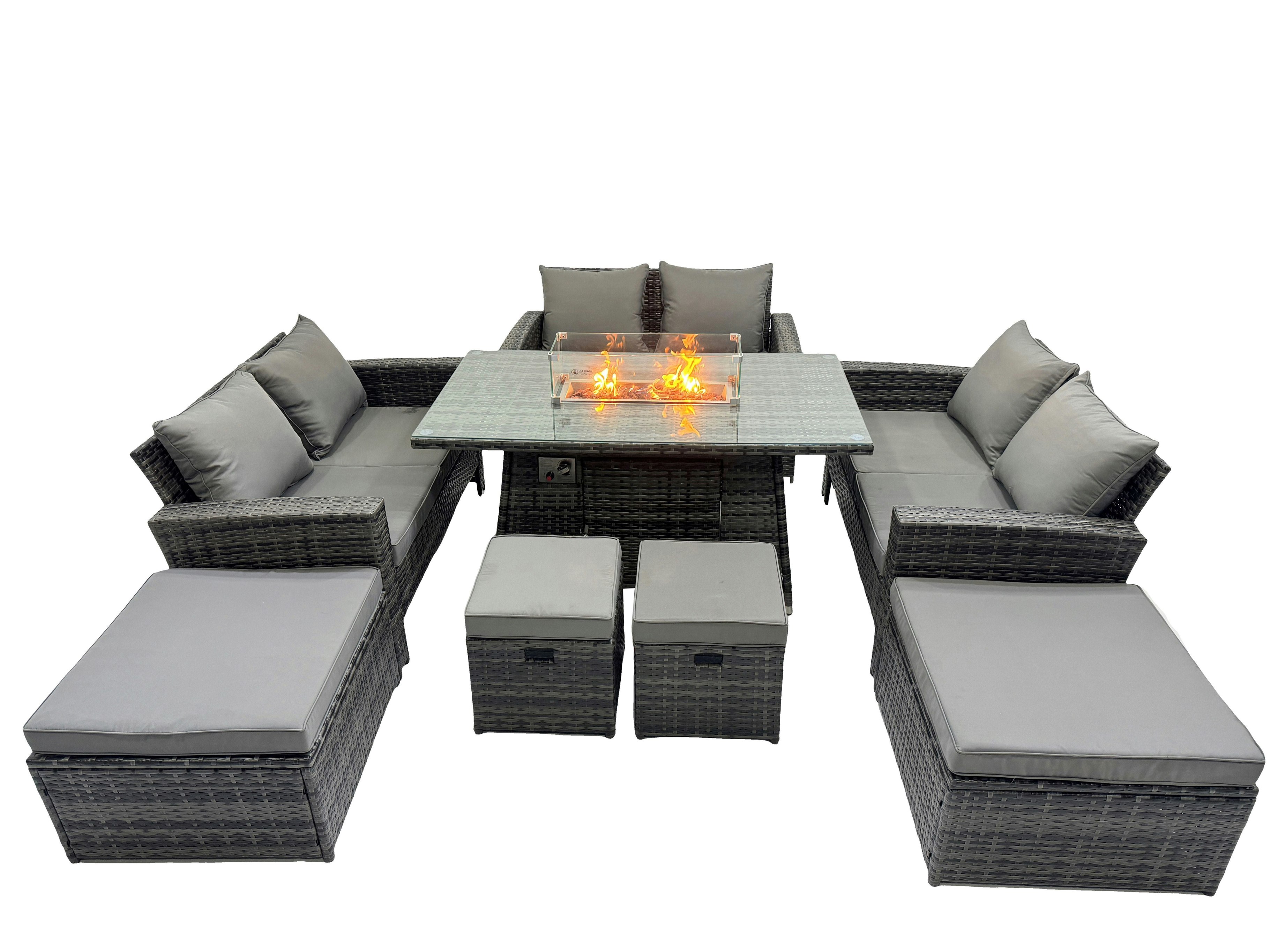 Rackhams Dark/Grey Outdoor Love Sofa Set 10 Seat Rattan Garden Furniture Set With Gas Firpit Dining Table 4 Footstools Mixed