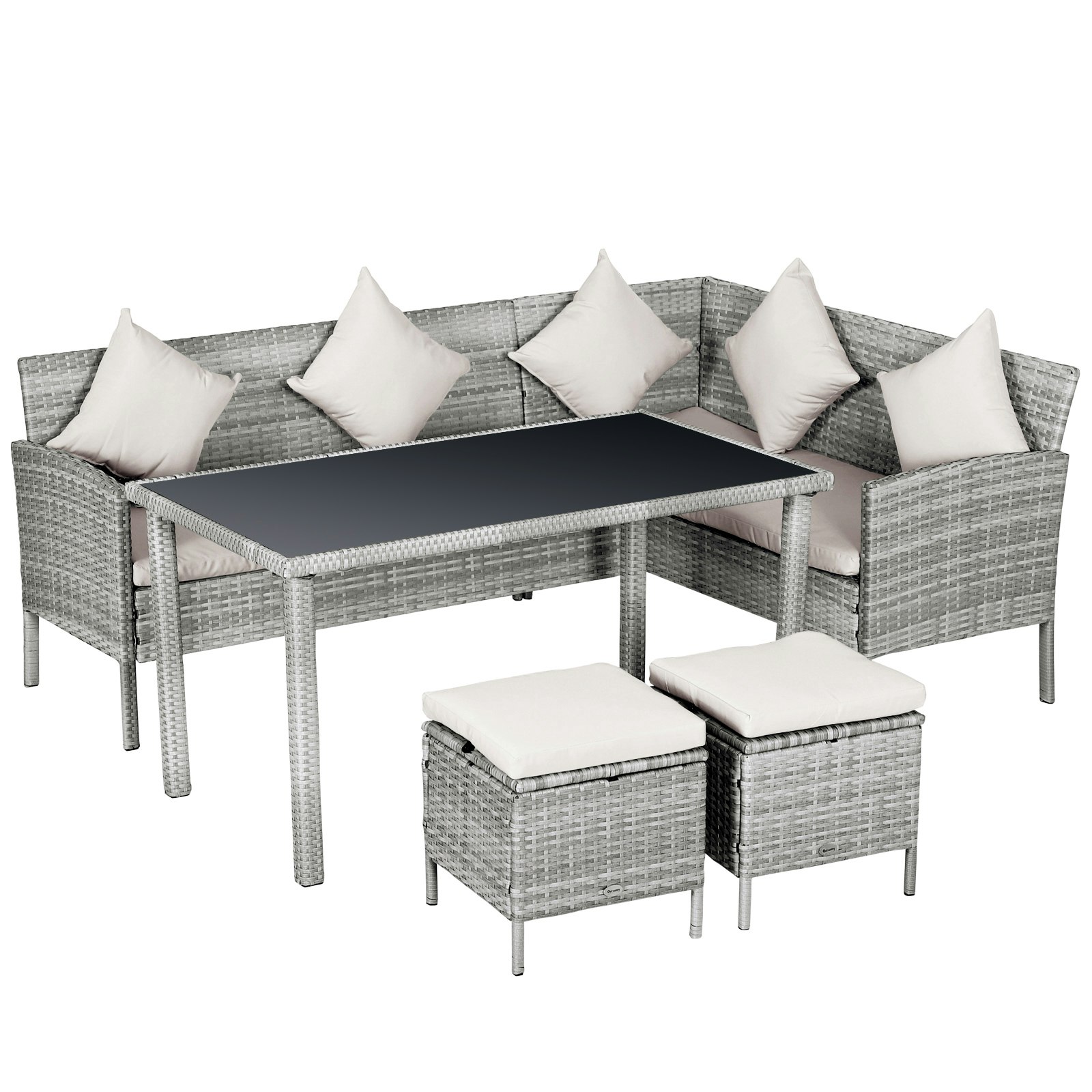 Outsunny Beige 6Pcs Rattan Sofa Set Coffee Table Footstool Outdoor - Pe Rattan, Metal - 142Cm X 60Cm X 75Cm