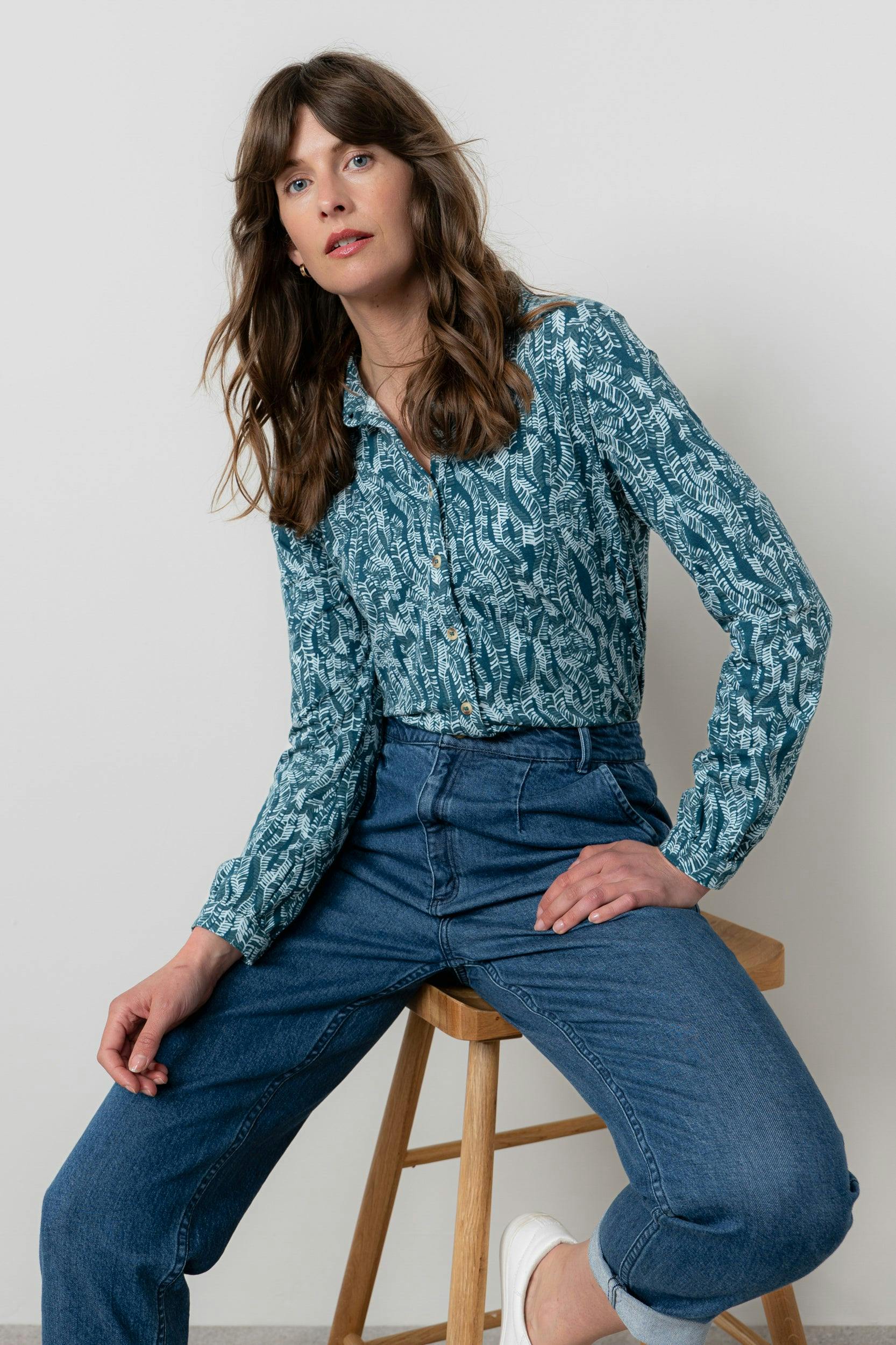 Lily & Me Bowbridge Printed Cotton Jersey Shirt Petrol - 18 - Petrol