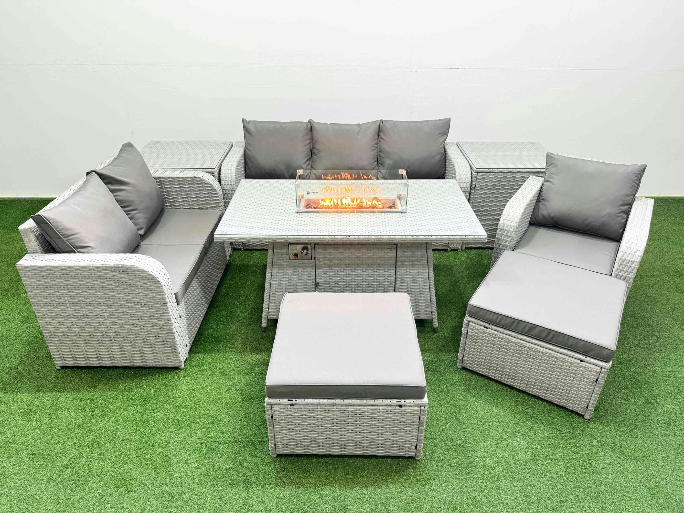 Rackhams Light/Grey 8 Seater Wicker Rattan Garden Furniture Patio Set, Firepit Table, Reclining Chair, Loveseat, 3 Seater Sofa, 2 Big Footstools,