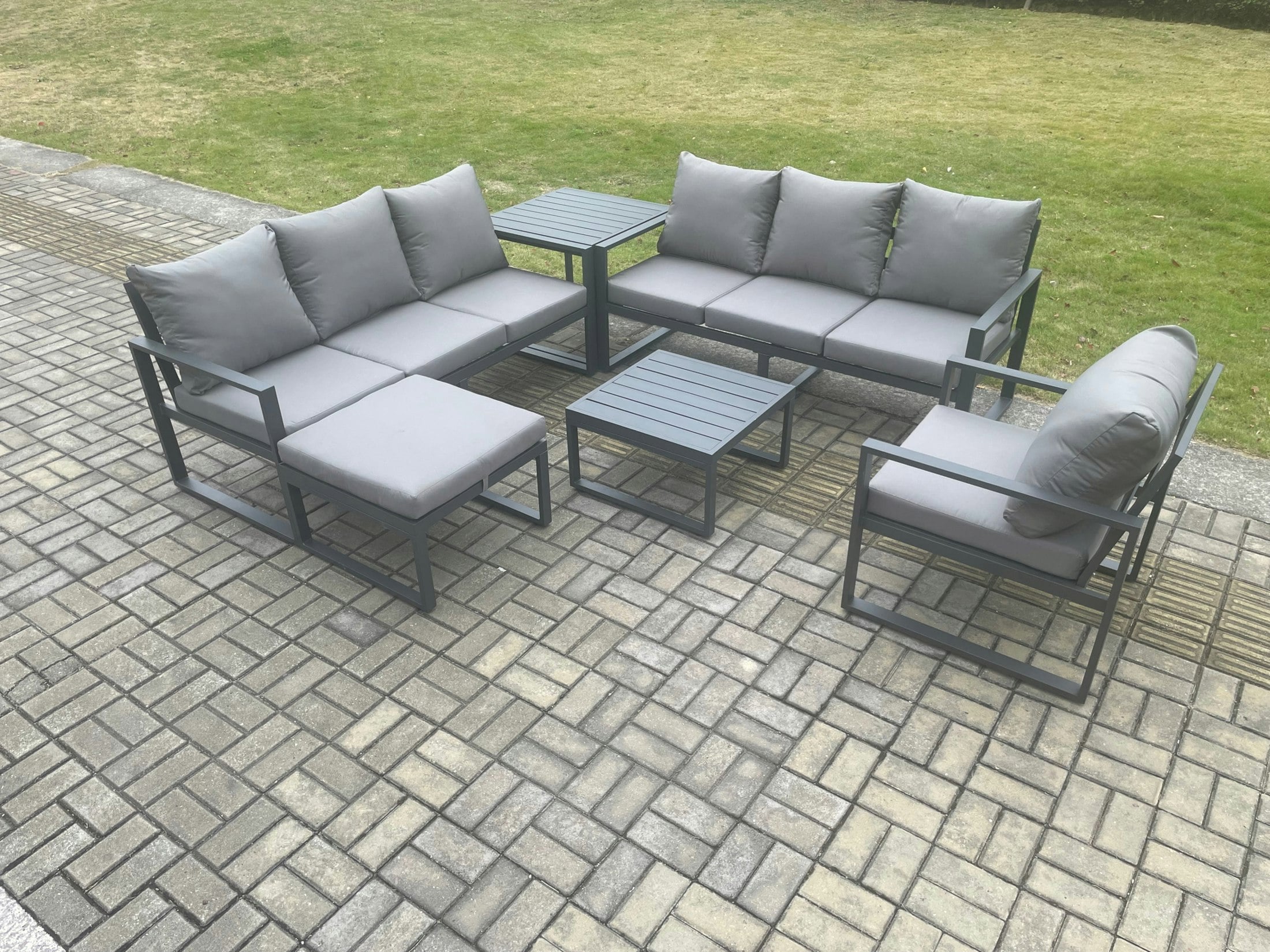 Rackhams Dark/Grey Aluminium 8 Seater Outdoor Garden Furniture Lounge Sofa Set With Square Coffee Table Chair Big Footstool Side Table