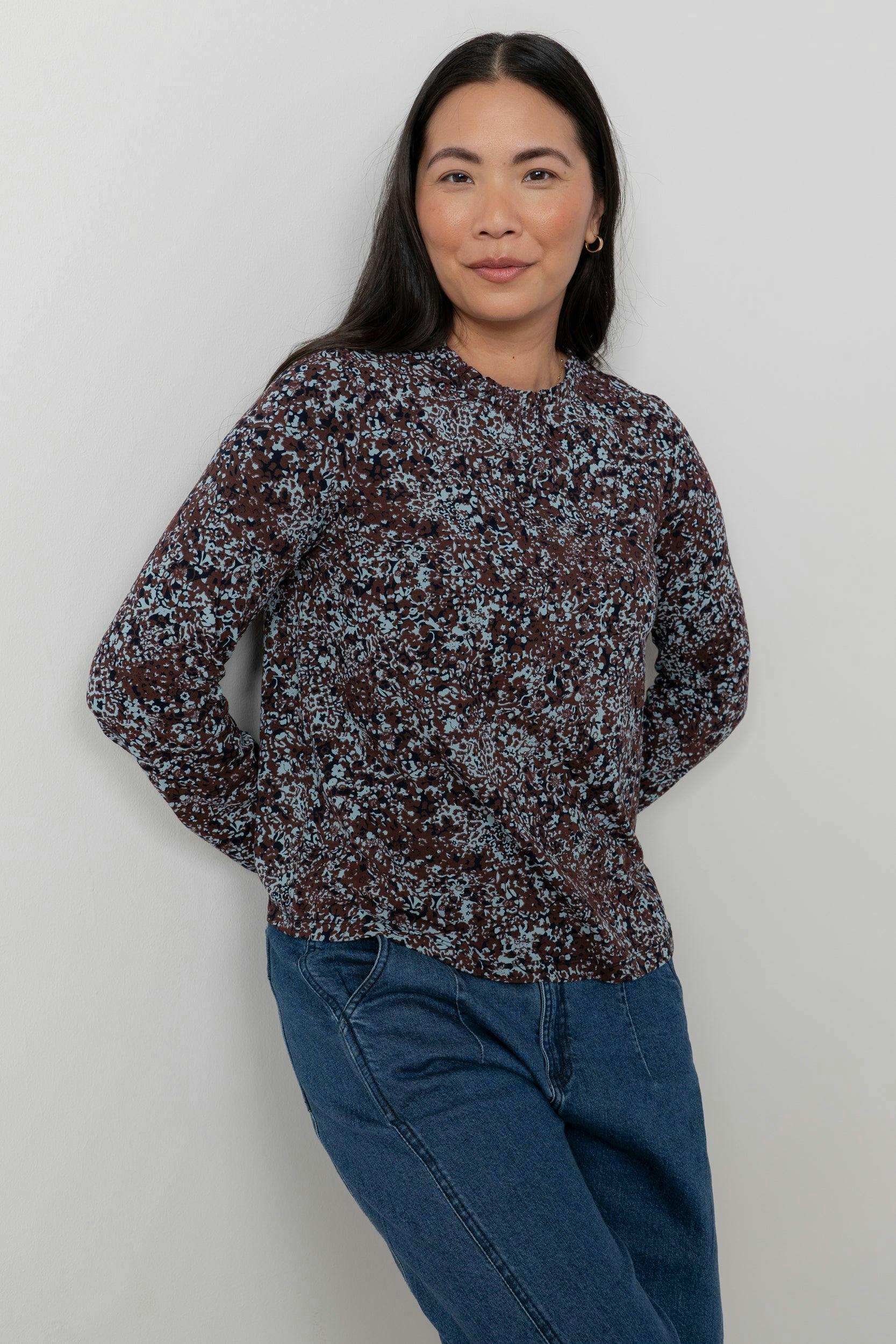 Lily & Me Eastcombe High Neck Floral Print Top Chocolate - 20 - Chocolate