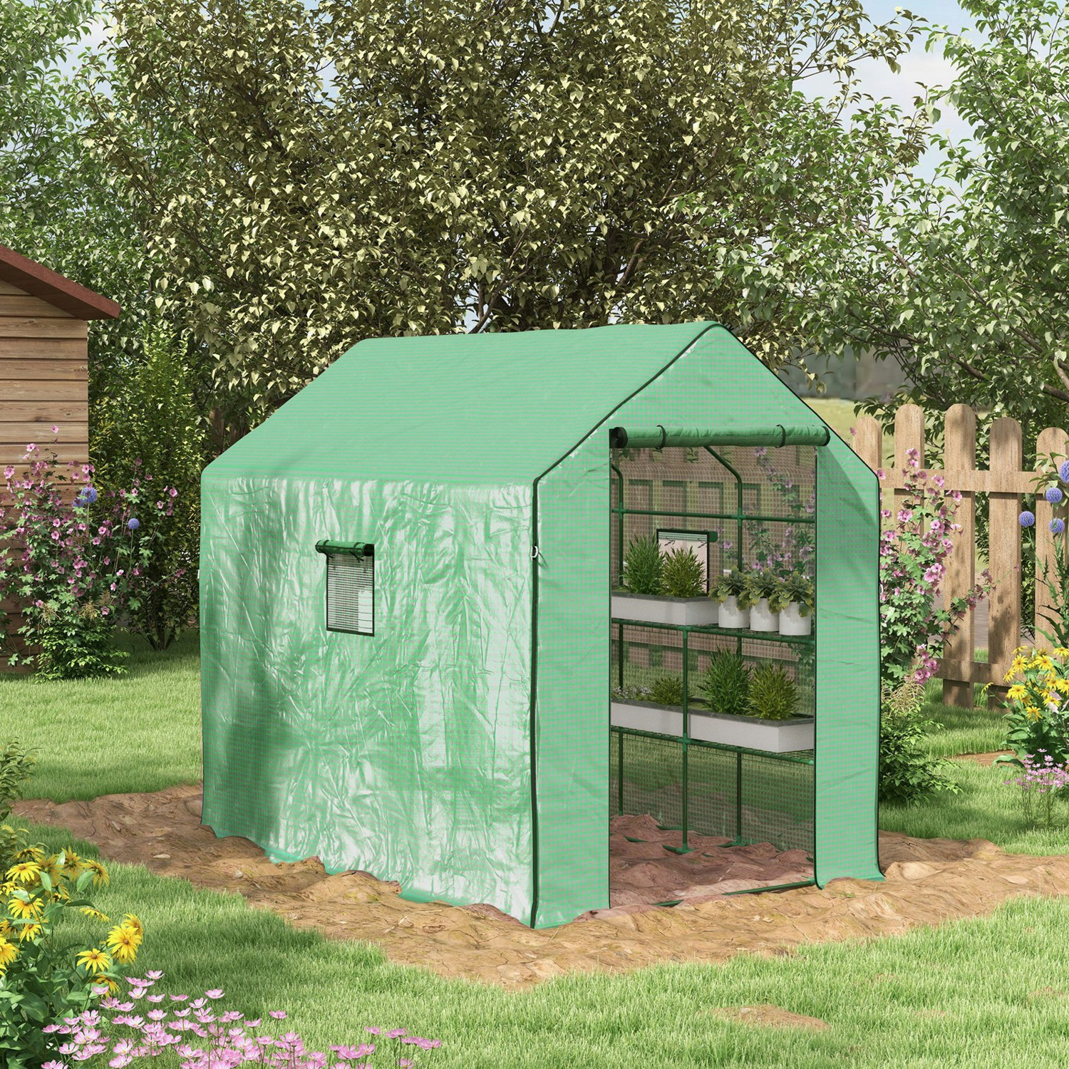 Outsunny Green Walk-In Outdoor House With Door And Mesh Windows,