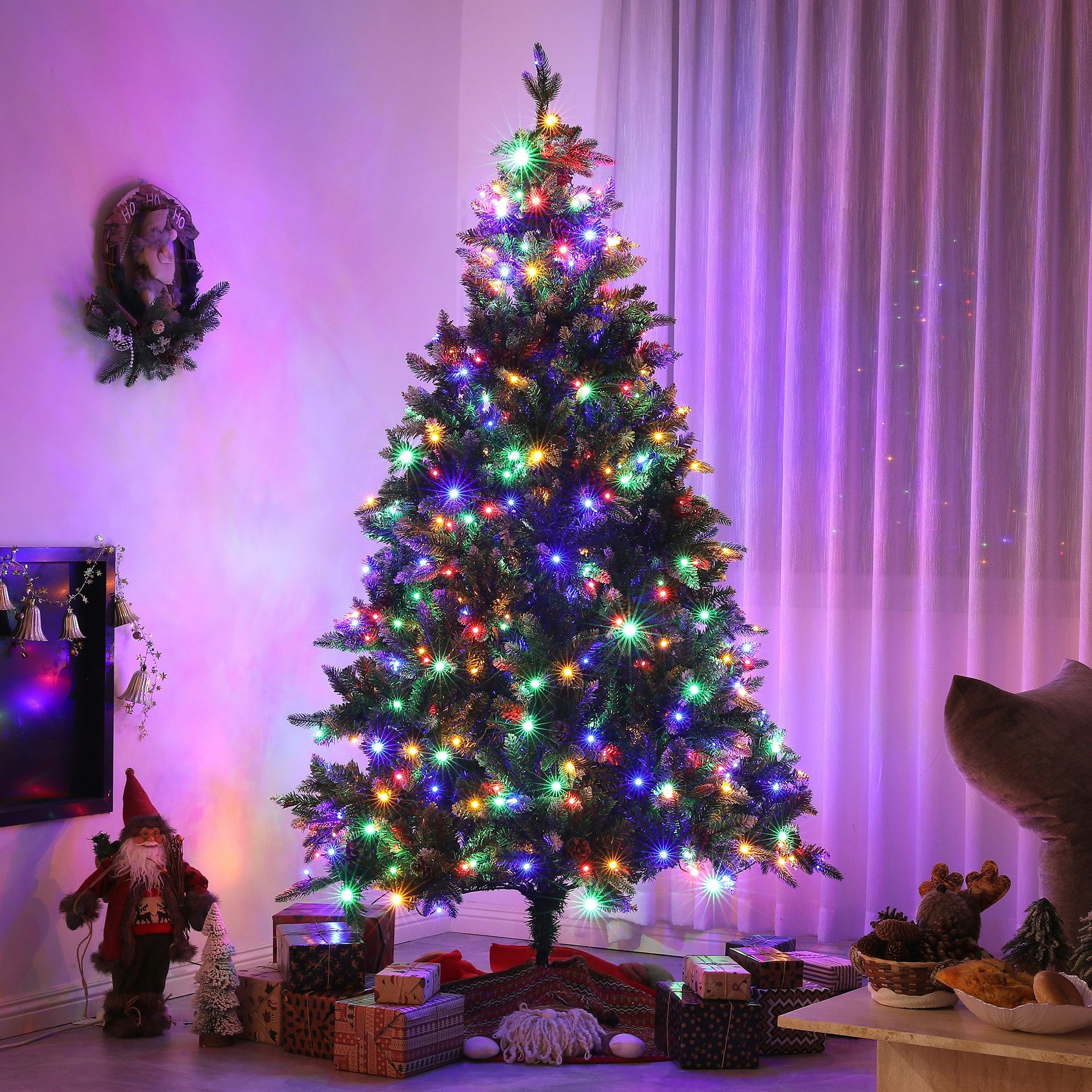 Homcom Light/White/Green 6 Ft Artificial Led Christmas Tree With Metal Base, Hinged Branches - 6Ft