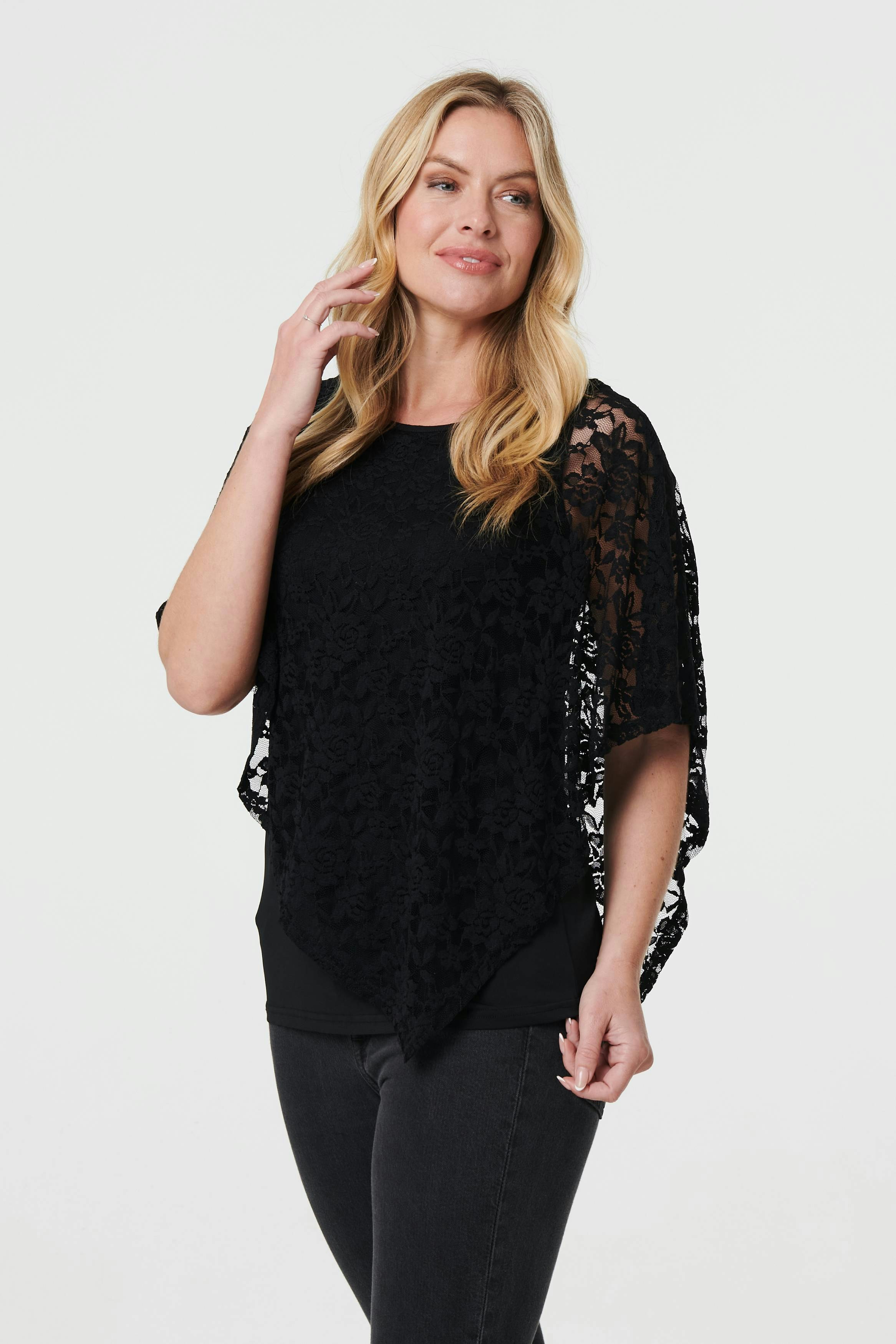 Izabel London Black Floral Lace Asymmetric Layered Top - Size 10