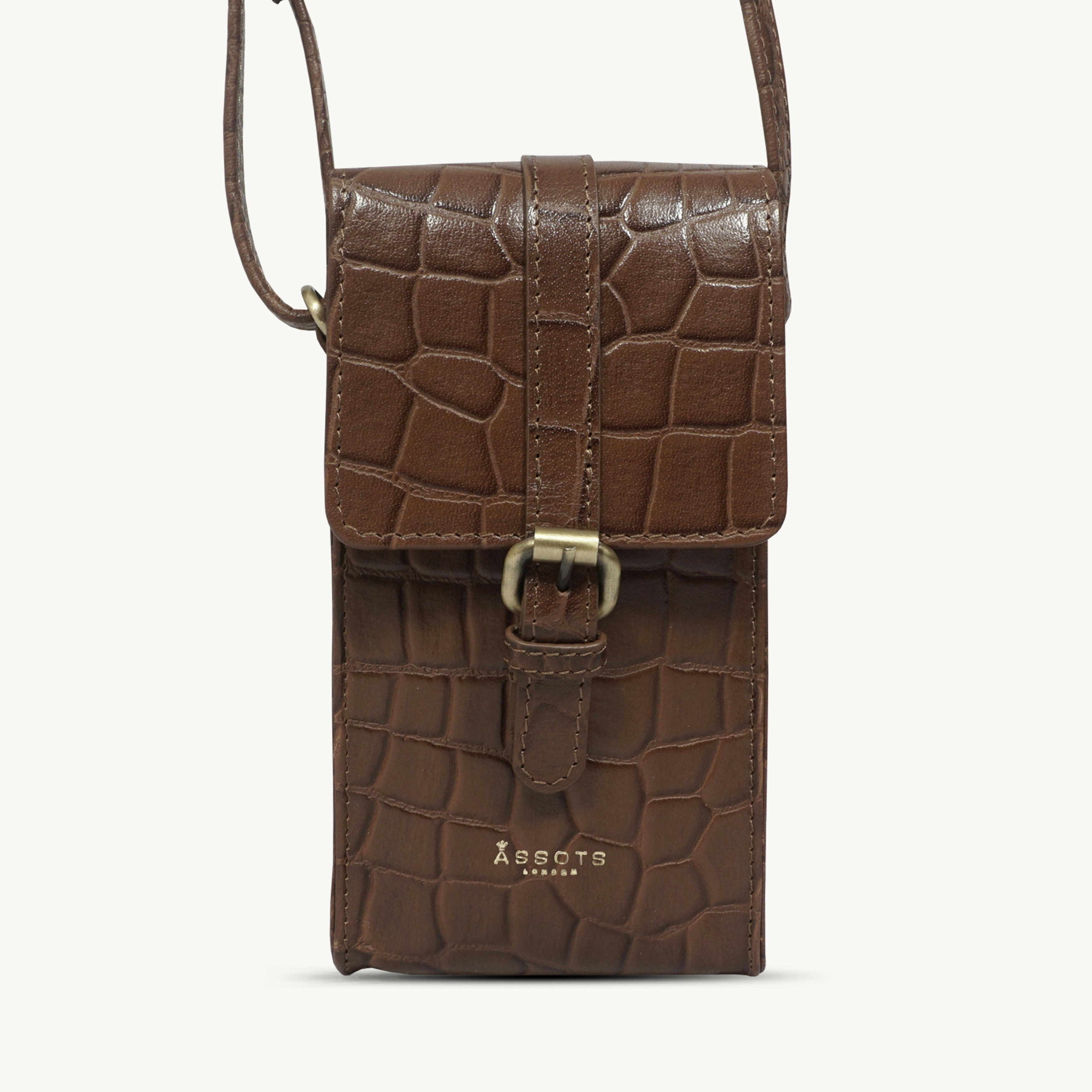 Assots London Light/Gold 'Petra' Tan Croc Real Leather Mobile Phone Crossbody Bag