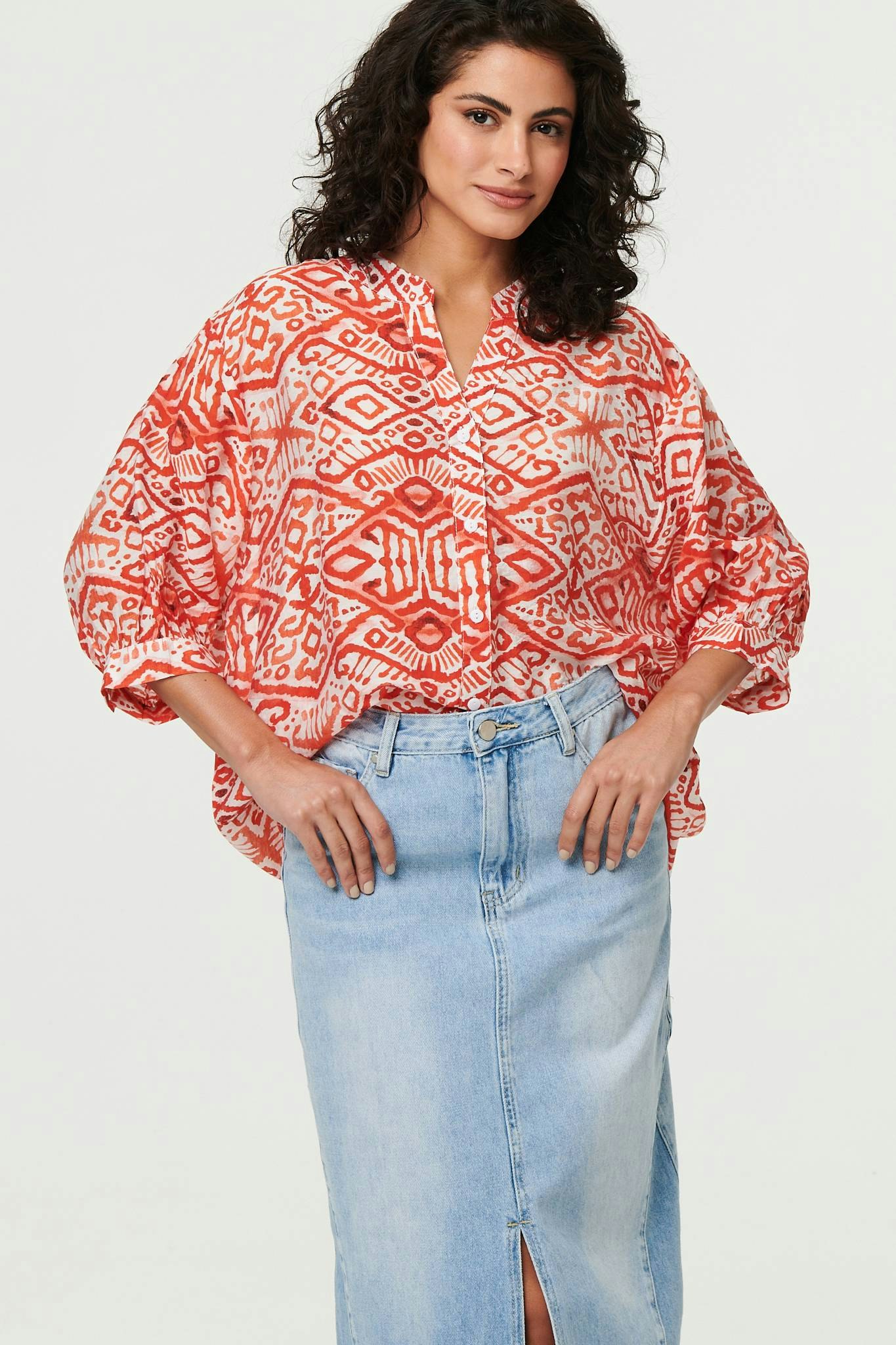 Izabel London Orange Aztec Print 3/4 Sleeve Relaxed Blouse - 12