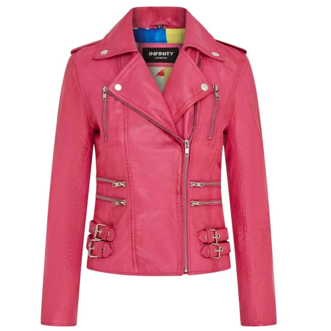 Infinity Leather Women's Fuchsia Leather Company Real Lamb Nappa Leather Vintage Biker Jacket - Uk 18