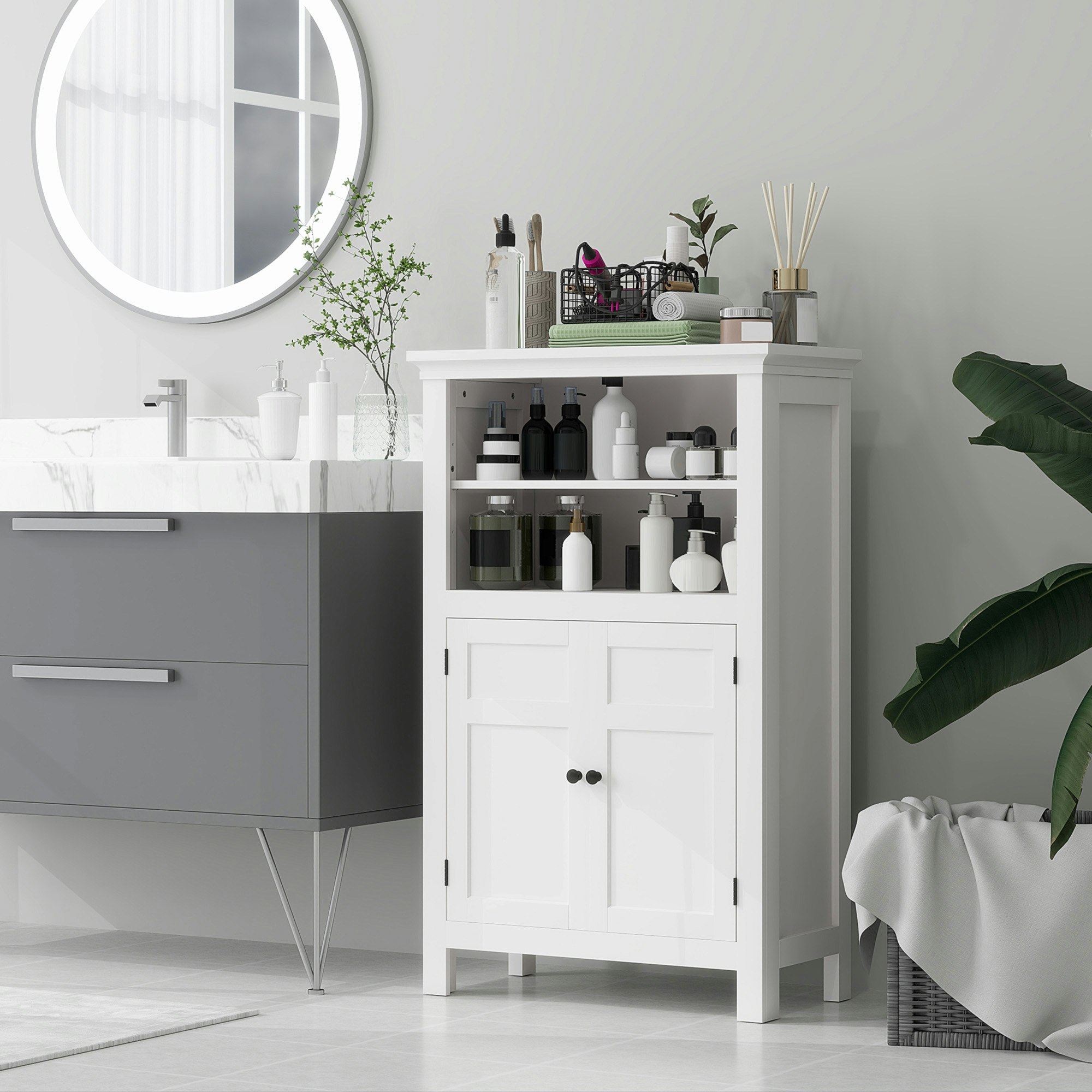 Rackhams White Modern Bathroom Storage Cabinet With Open Shelves,