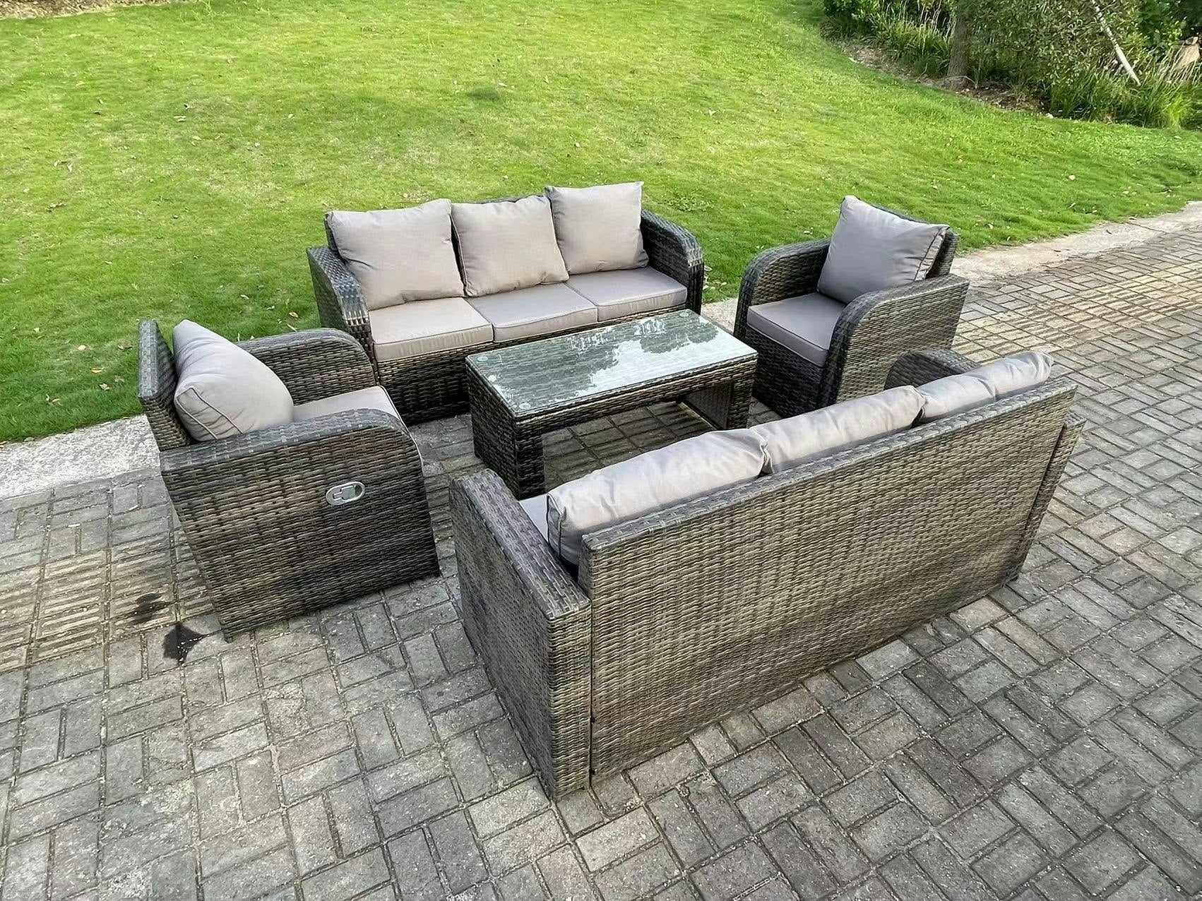 Rackhams Dark/Grey 8 Seater Pe Wicker Rattan Garden Furniture Set Reclining Chair Lounge 3 Seater Sofa Set Outdoor Rectangular Coffee Table