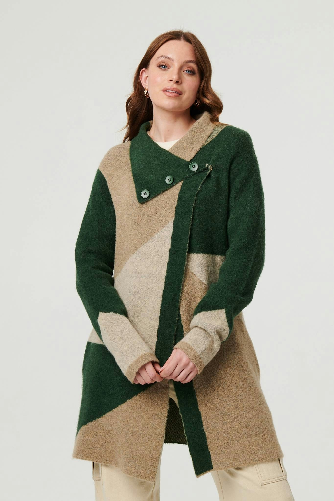 Izabel London Green Colour Block Textured Longline Coatigan - S