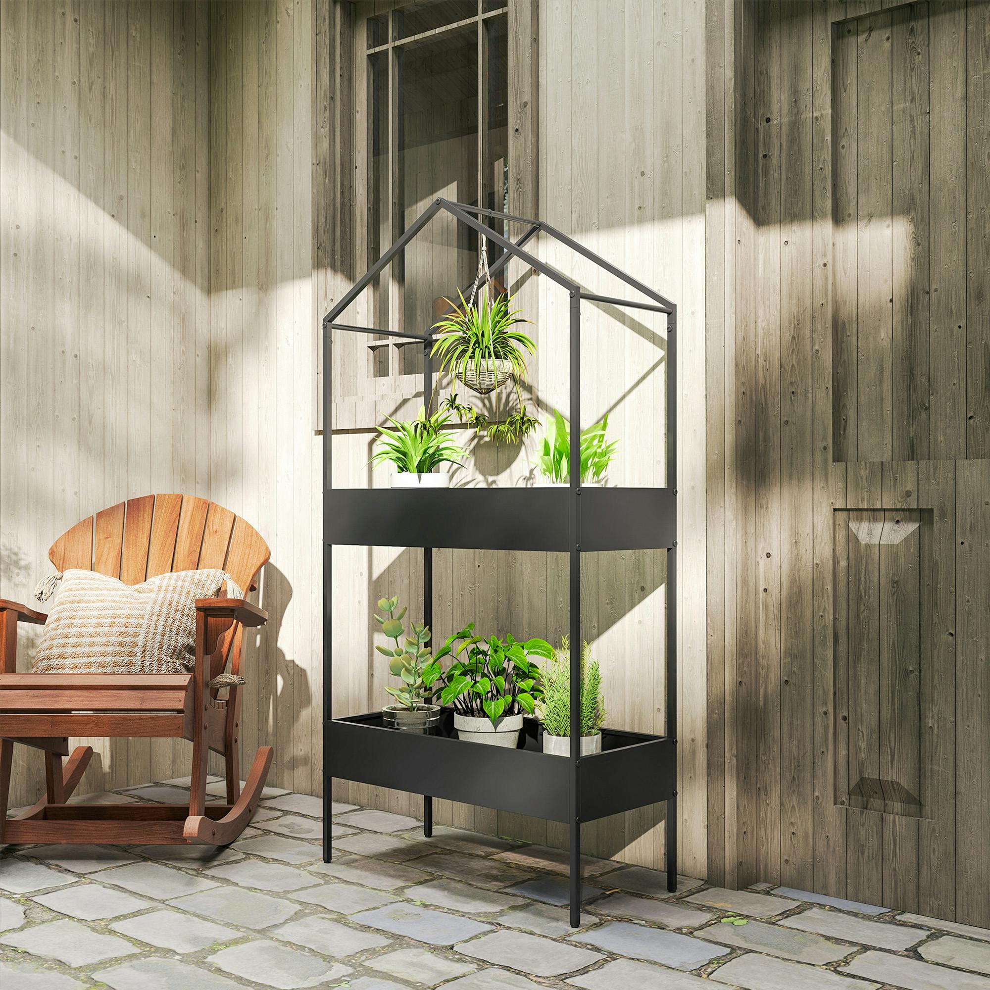 Rackhams 2 Tier Plant Stand, Outdoor Indoor Metal Plant Stand With Hook
