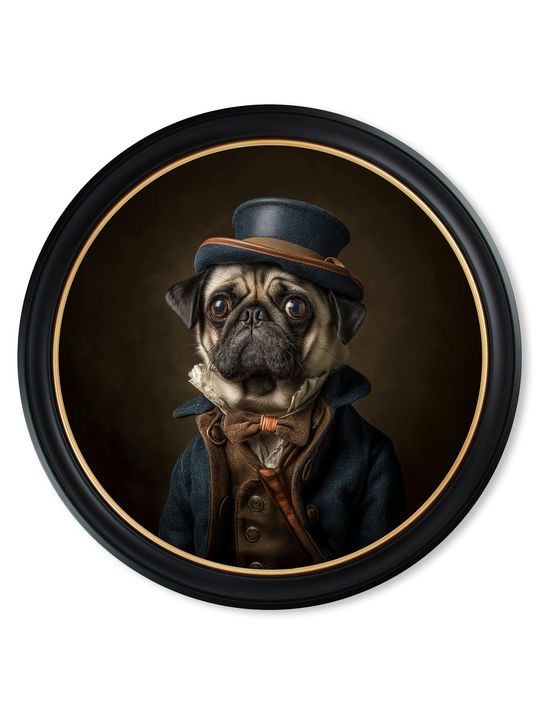 Rackhams Blue/Brown Sir Puggington - Gentleman Pug Oxford Round Frame - 96 X 96Cm