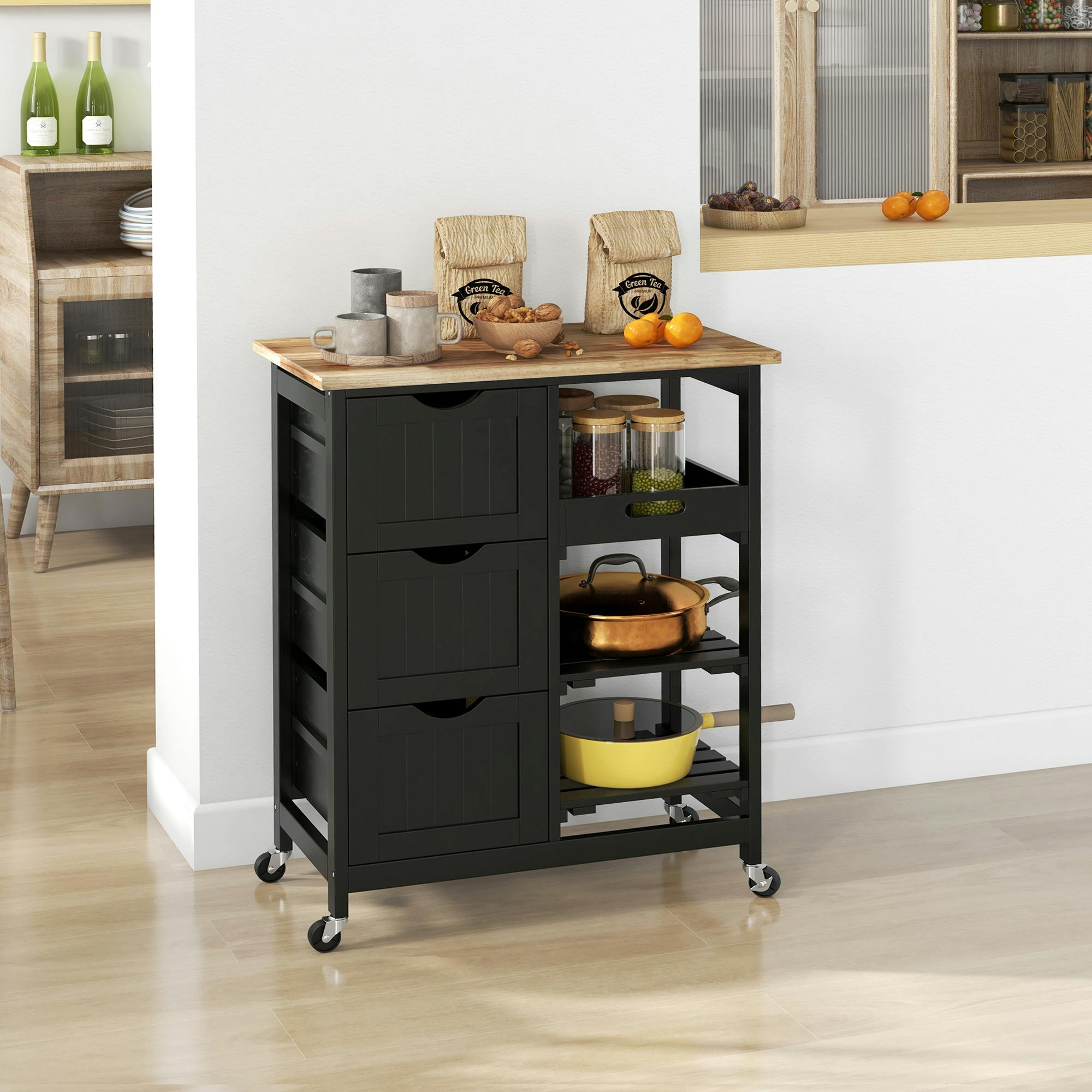 Rackhams Black Rolling Kitchen Island Cart, Bar Serving Cart, Compact Trolley
