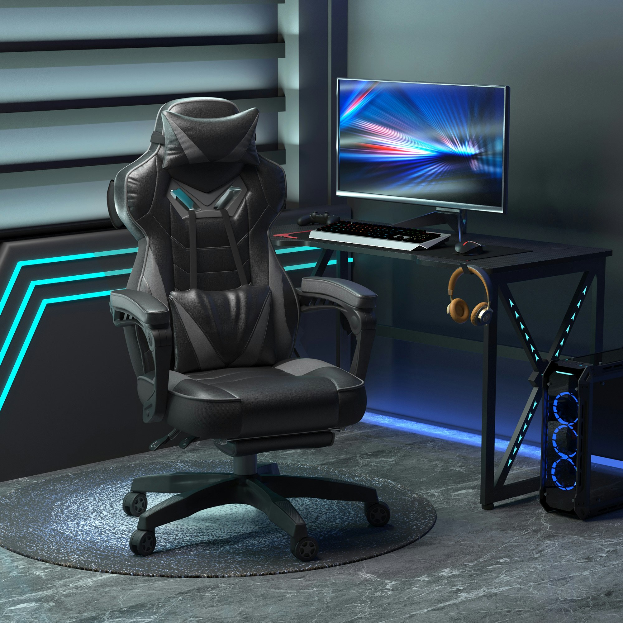 Rackhams White/Grey Gaming Chair Ergonomic Reclining Manual Footrest Wheels Stylish
