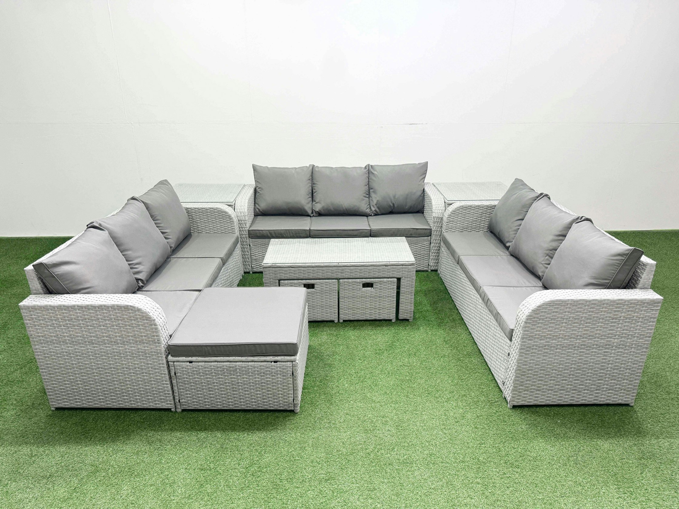 Rackhams Light/Grey Pe Rattan Lounge Sofa Set Seater Outdoor Garden Furniture Set With Oblong Coffee Table 3 Seater Sofa 3 Stools 2 Side Table Size 12