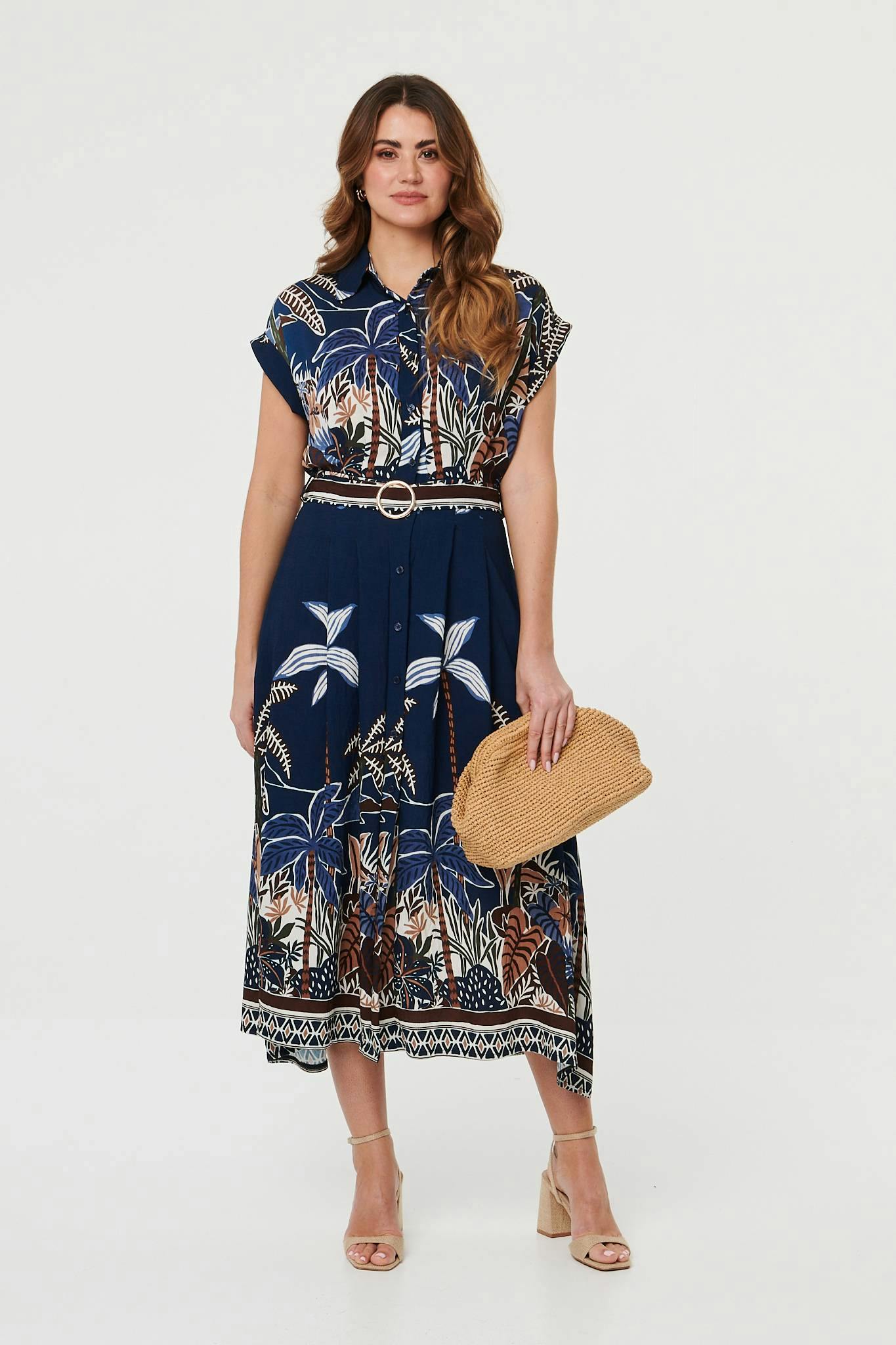 Izabel London Tropical Print Belted Midi Shirt Dress - 8 - Navy