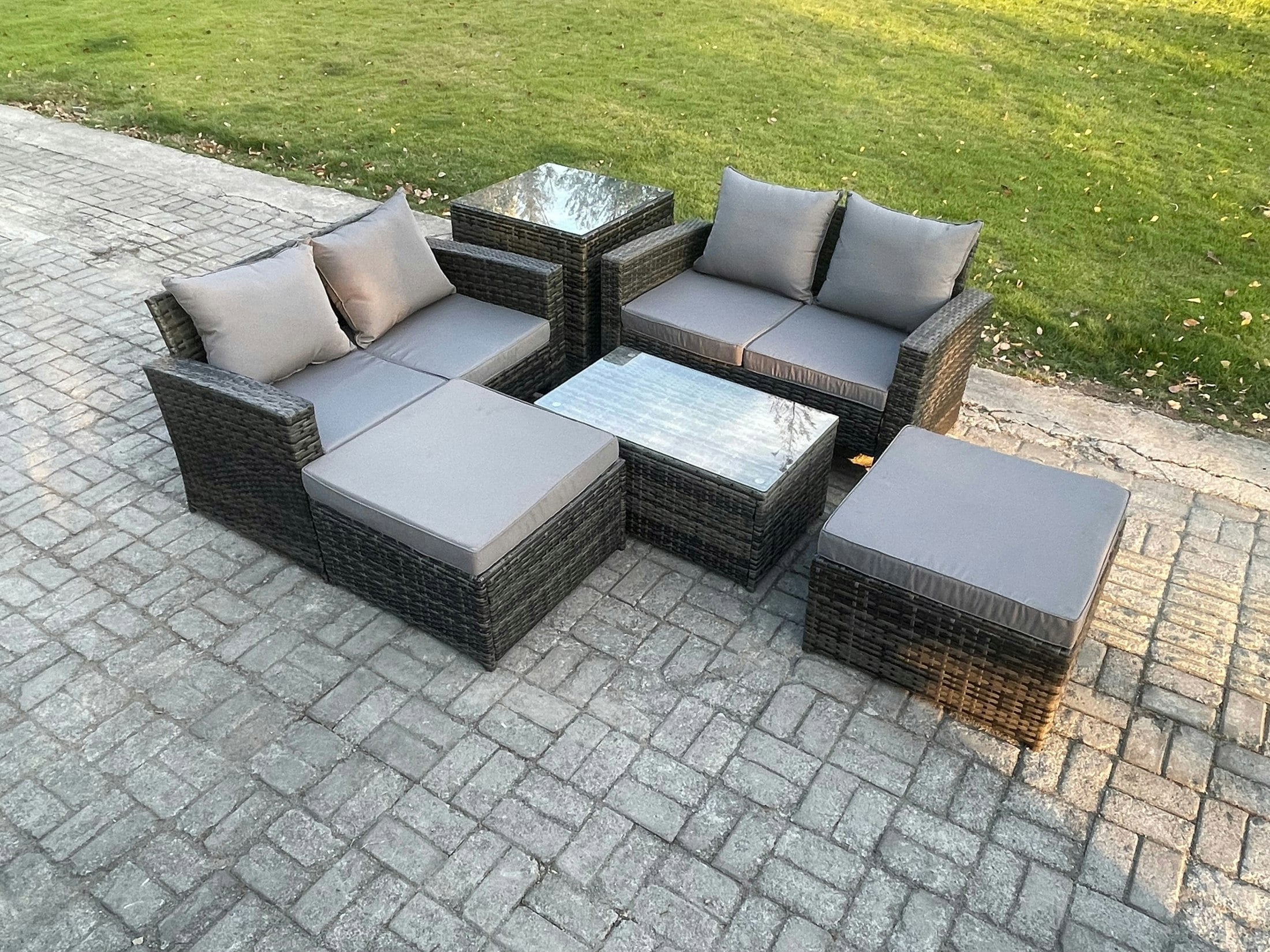 Fimous Dark/Grey Outdoor Rattan Garden Furniture Set 6 Seater Patio Lounge Sofa Set With Side Table Coffee Table 2 Big Footstool Mixed