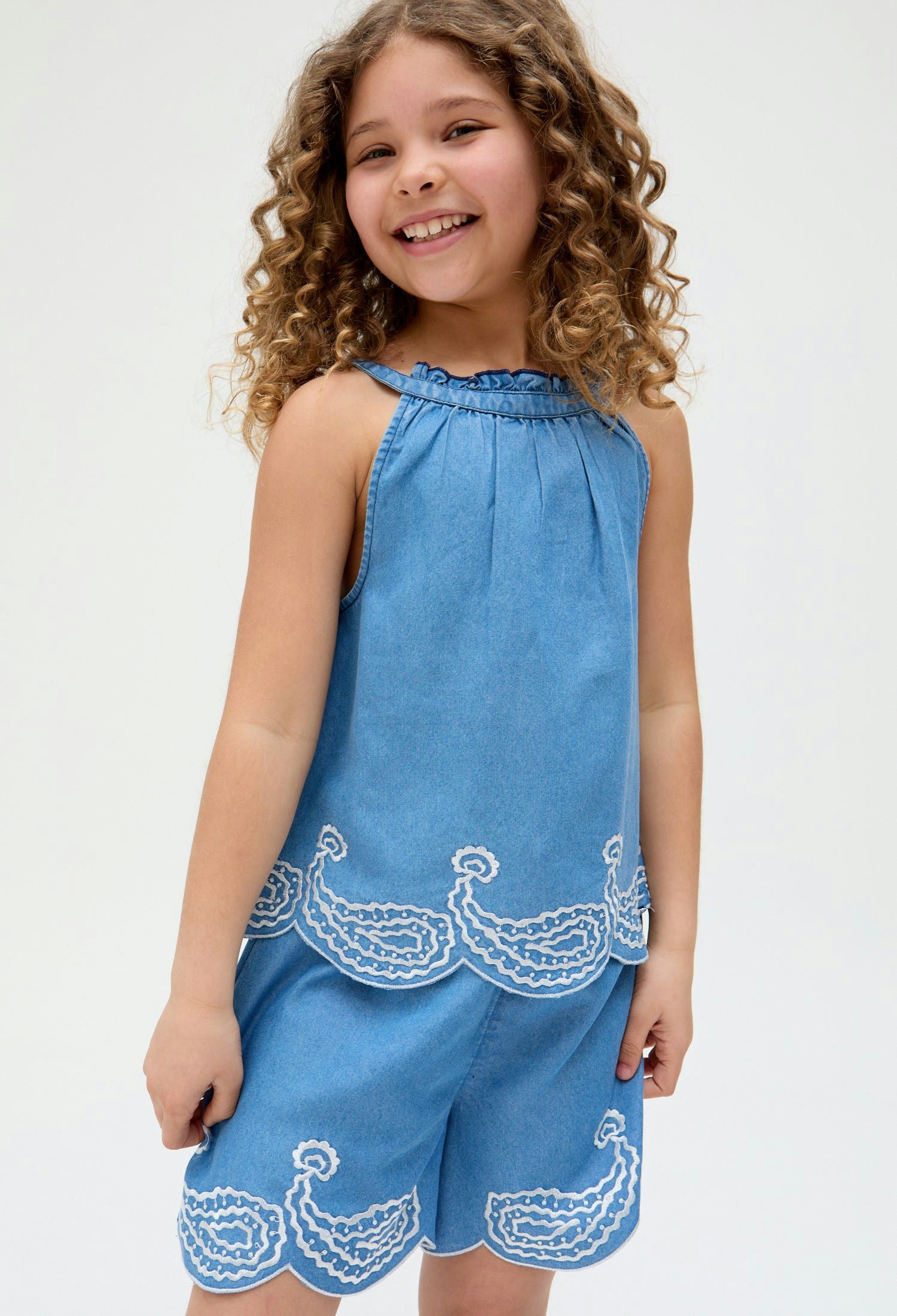 Raffya Blue Kids Sue Scalloped Embroidered Hem Co-Ords Set In - 9 Years