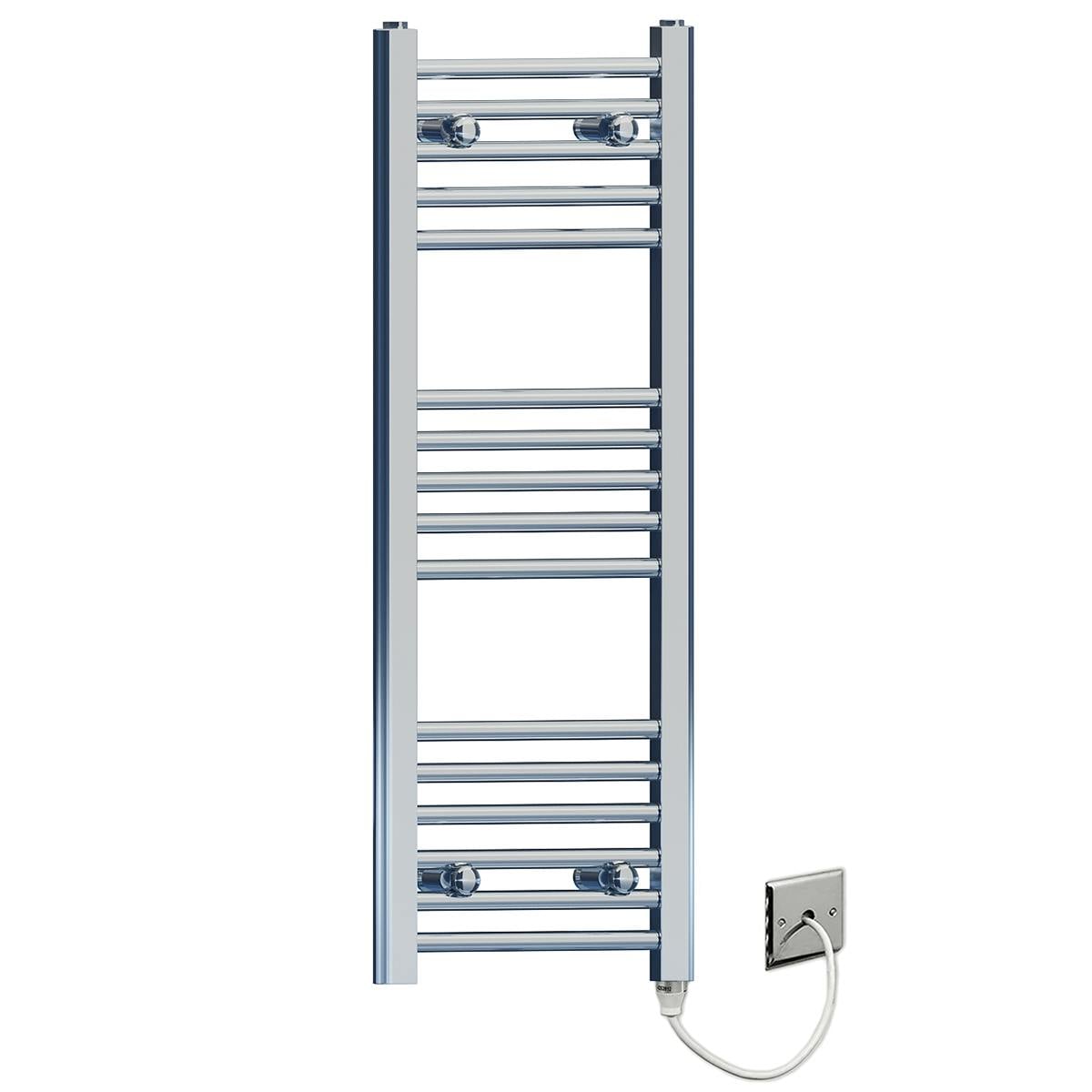 Rackhams White 300 X 900Mm Flat Chrome Electric Pre-Filled Heated Towel Rail Radiator For Bathroom Designer Standard Element