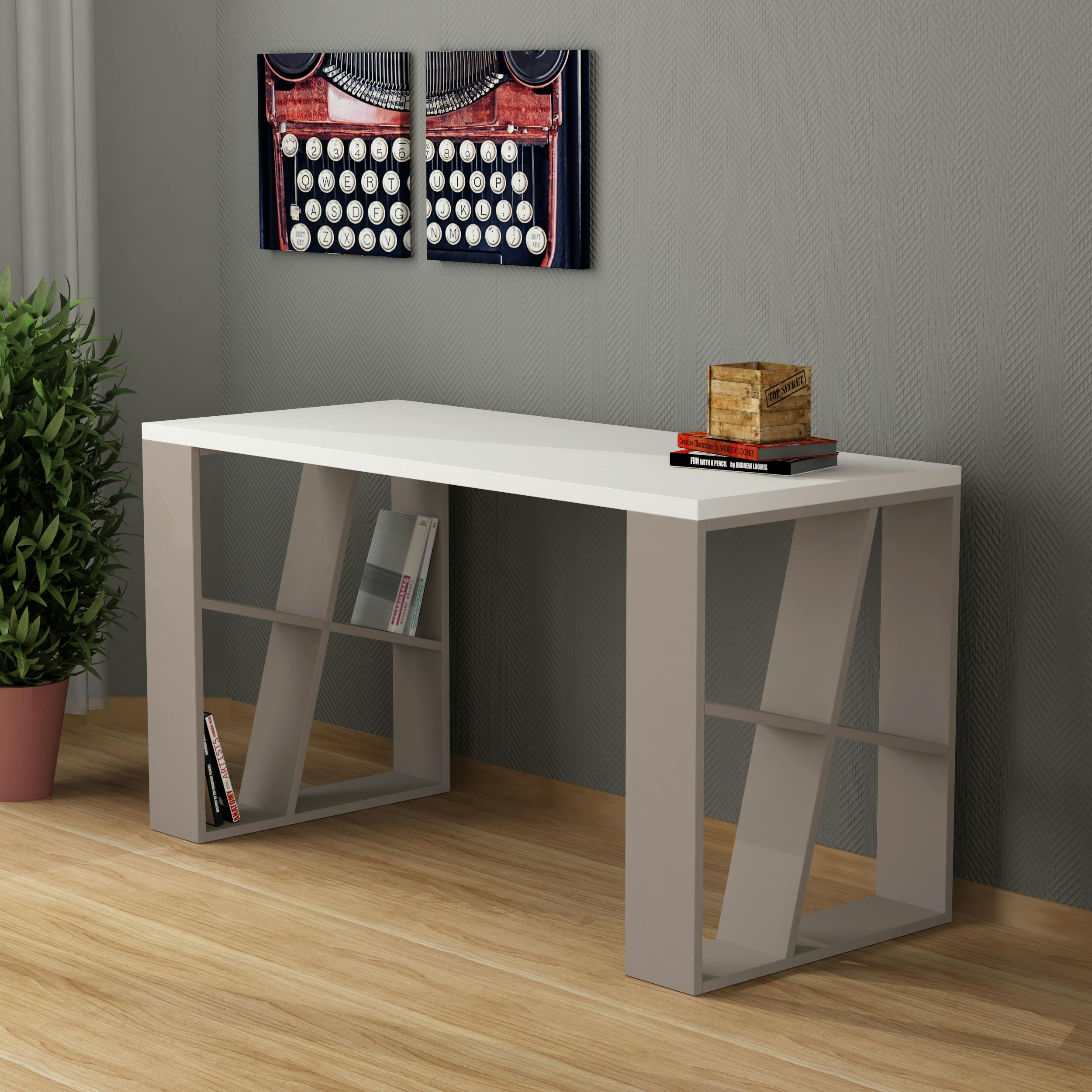 Decortie Grey Honey Modern Desk With Integrated Bookshelf Storage 137Cm - Mocha