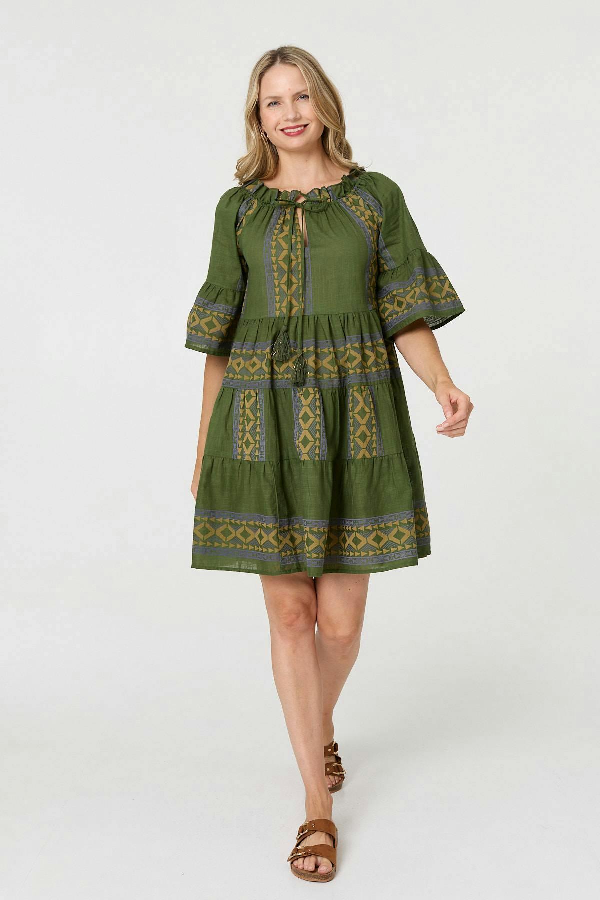 Izabel London Green Embroidered 1/2 Flare Sleeve Short Dress - 8