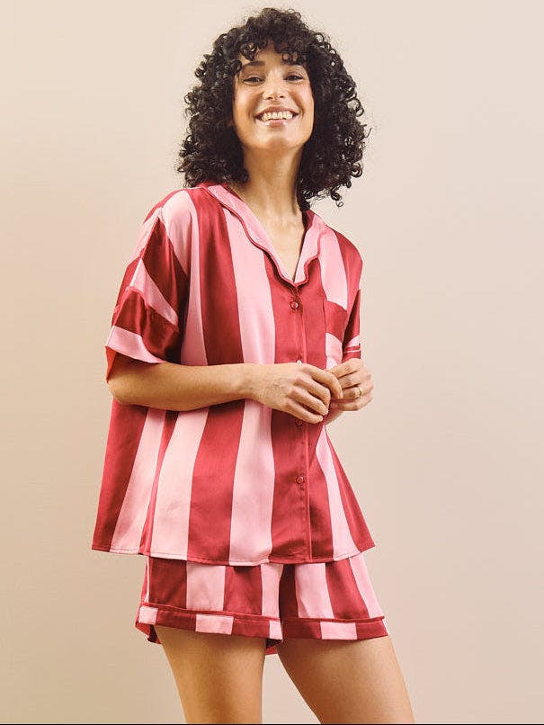 Their Nibs Women's Pink Satin Oversize Shortie Pyjamas Stripe - Xxl / 20-22