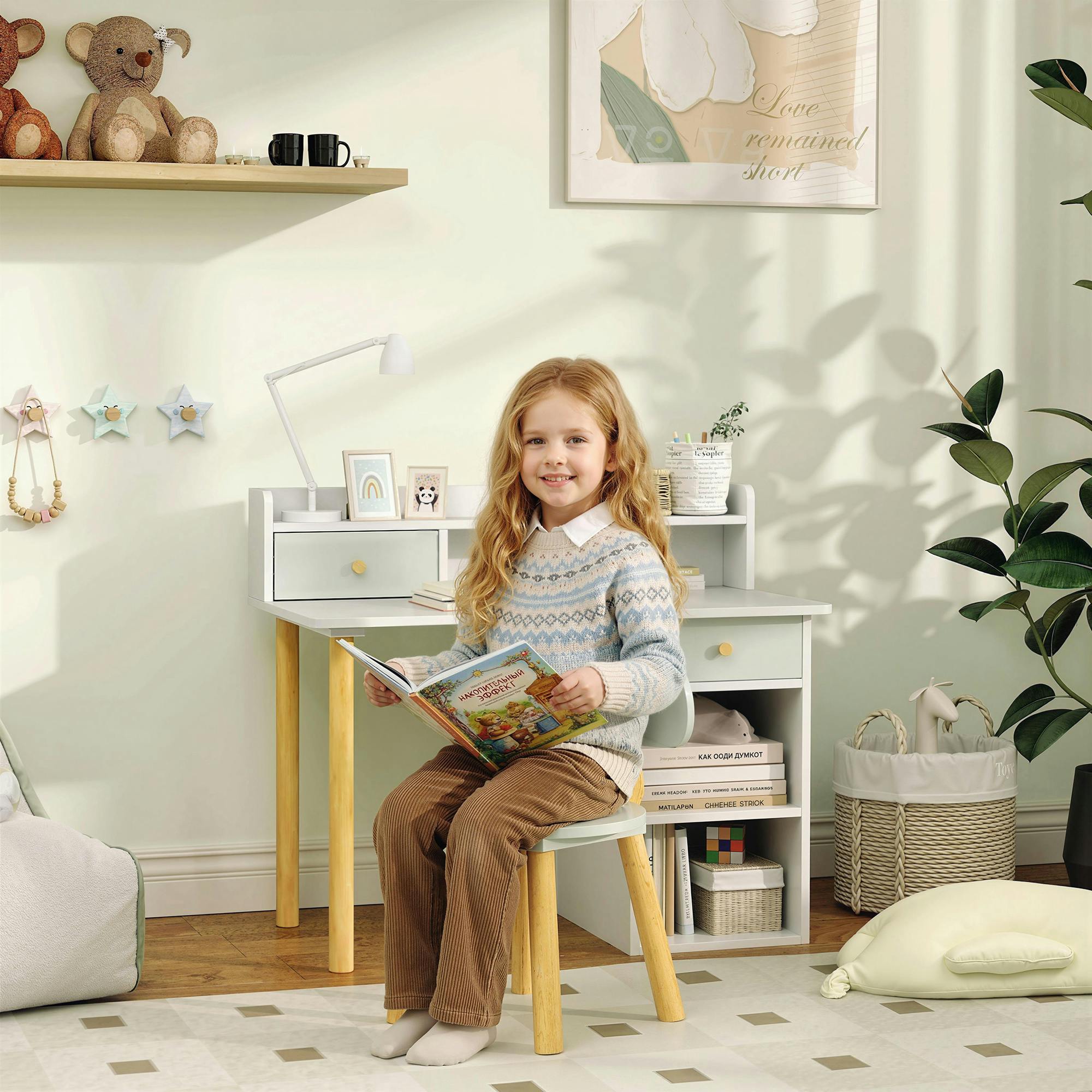 Rackhams Green Two-Piece Children Study Table With Hutch, Kids Desk And Chair Set With Storage, Drawer, Shelves, - Image 3