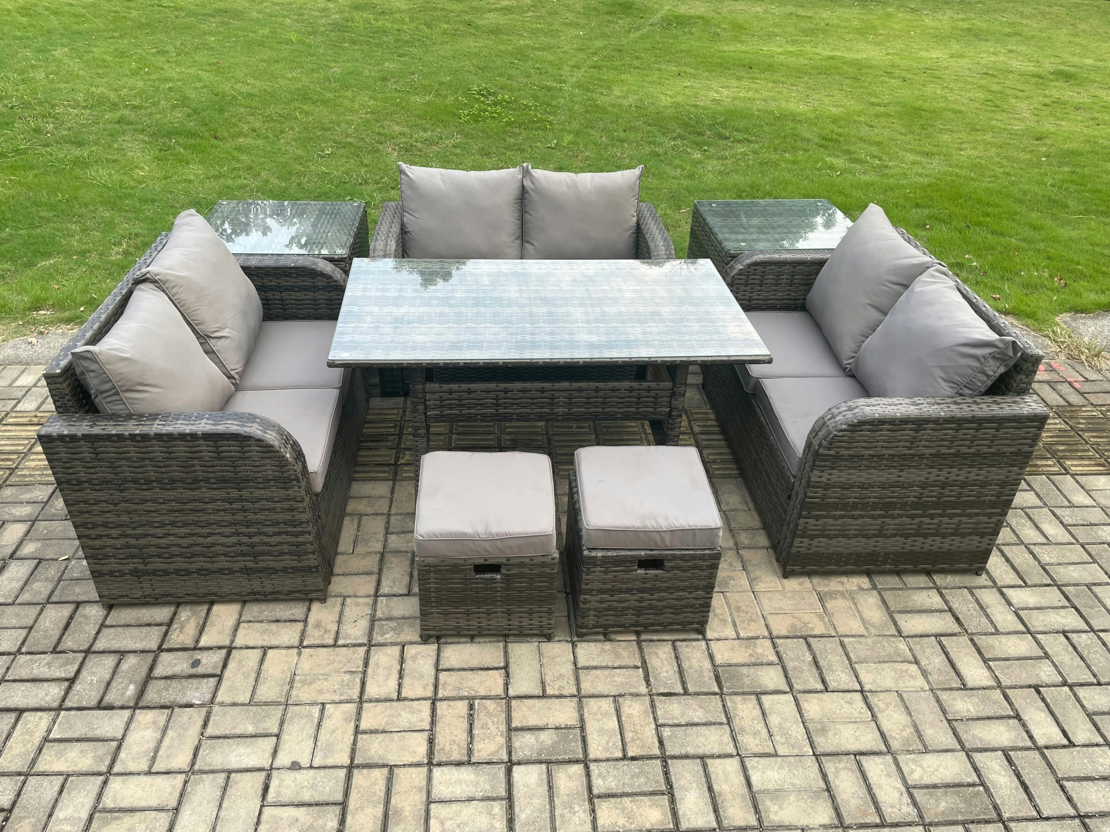 Fimous Dark/Grey 8 Seater Outdoor Rattan Garden Furniture Set With Patio Rectangular Dining Table 2 Side Tables Love Sofa 2 Small Footstools Mixed