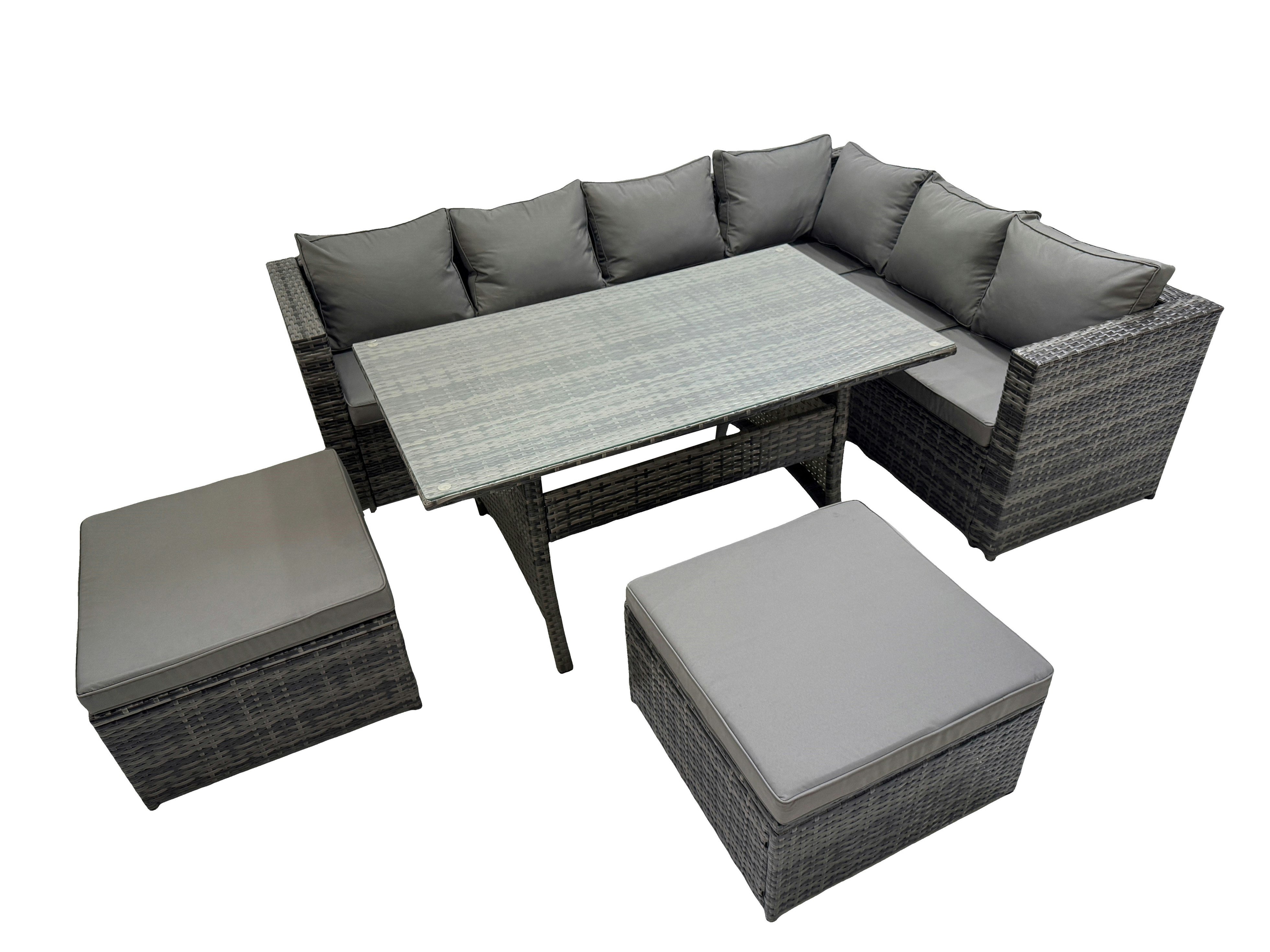 Fimous Dark/Grey Rattan Garden Furniture Set Outdoor 8 Seater Patio Dining Corner Sofa Sets With Dining Table 2 Big Stools Mixed