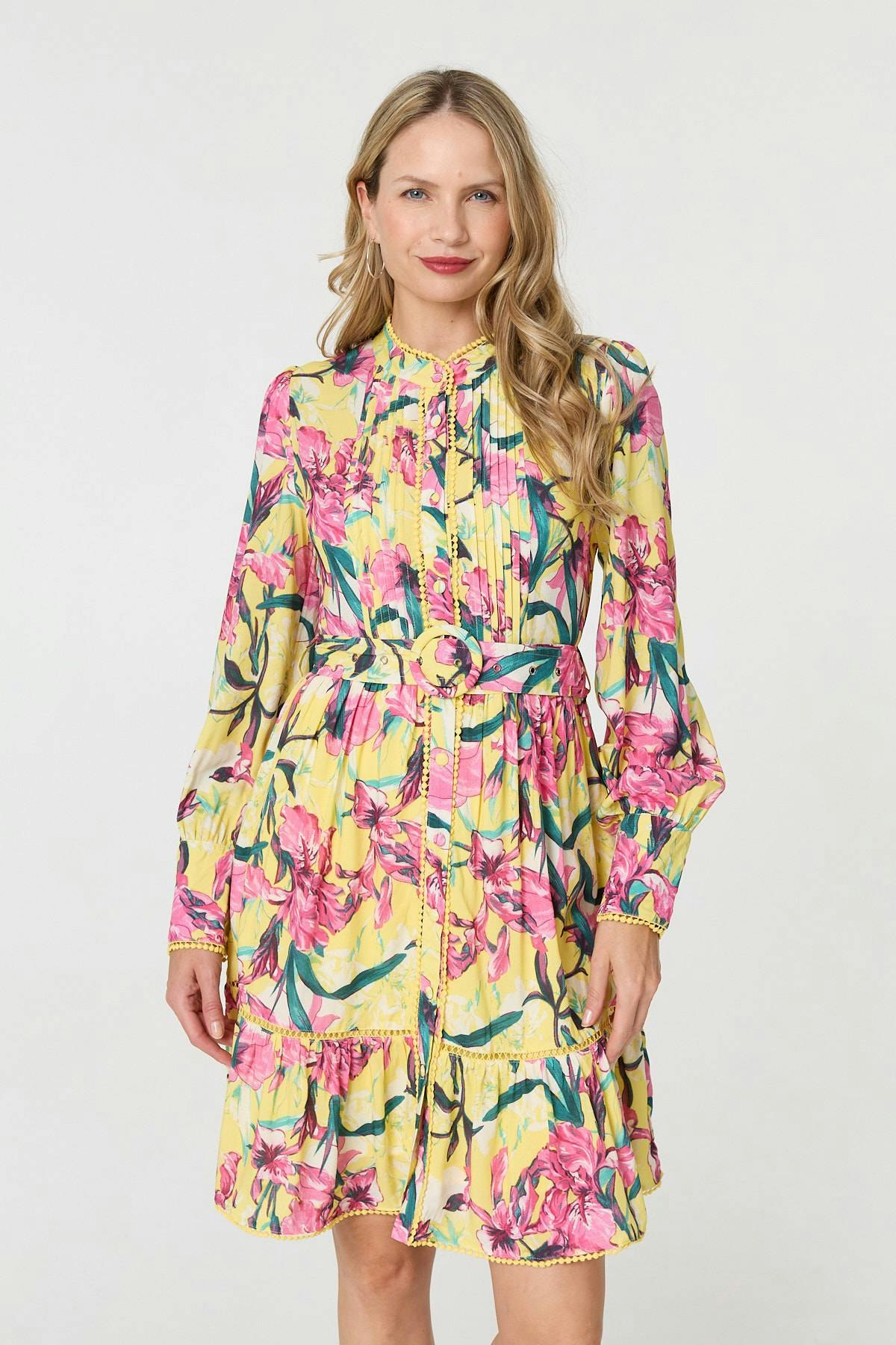Izabel London Yellow Floral High Neck Long Sleeve Short Dress - 10