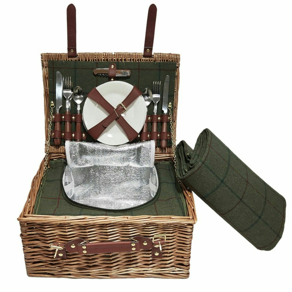 Rackhams Green 4 Person Tweed Classic Fitted Picnic Basket - 4 Person