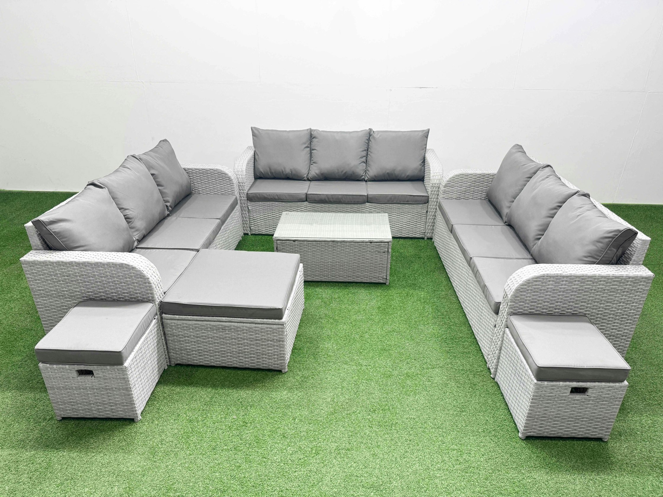 Rackhams Light/Grey Pe Rattan Lounge Sofa Set 12 Seater Outdoor Garden Furniture Set With Rectangular Coffee Table 3 Seater Sofa 3 Stools