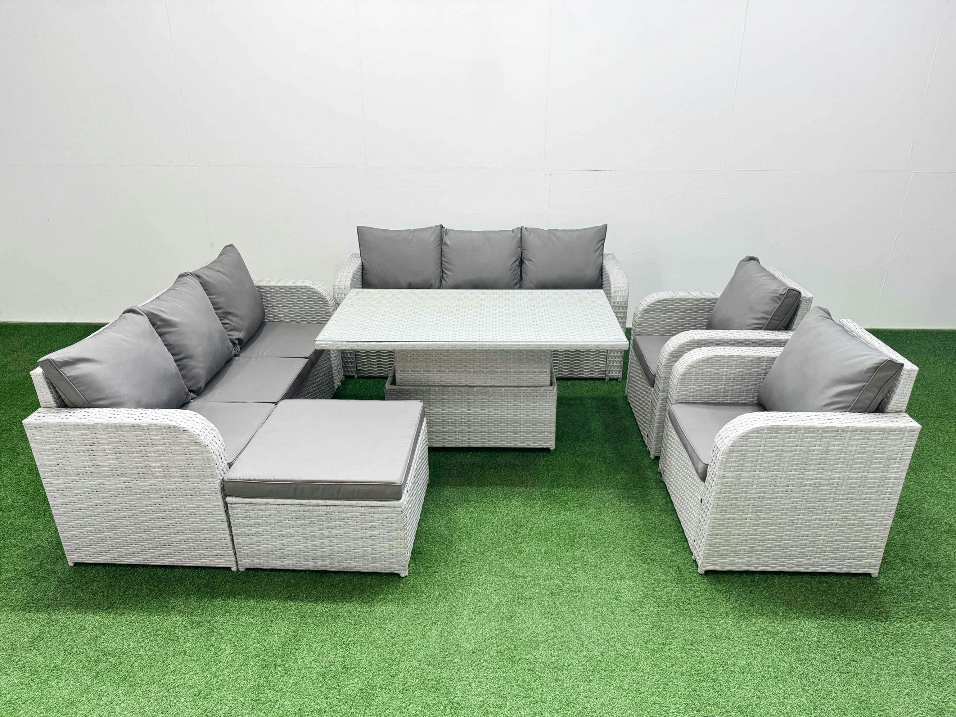 Rackhams Light/Grey 9 Seater Rattan Garden Furniture Set With Adjustable Height Table, 2 Sofas, 2 Reclining Chairs & 1 Footstool