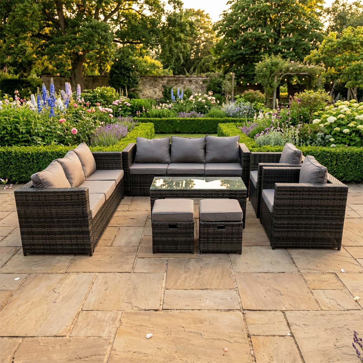 Fimous Dark/Grey 10 Seater Rattan Garden Furniture Set With 2 Sofas, Rectangular Coffee Table, 2 Chairs & 2 Stools