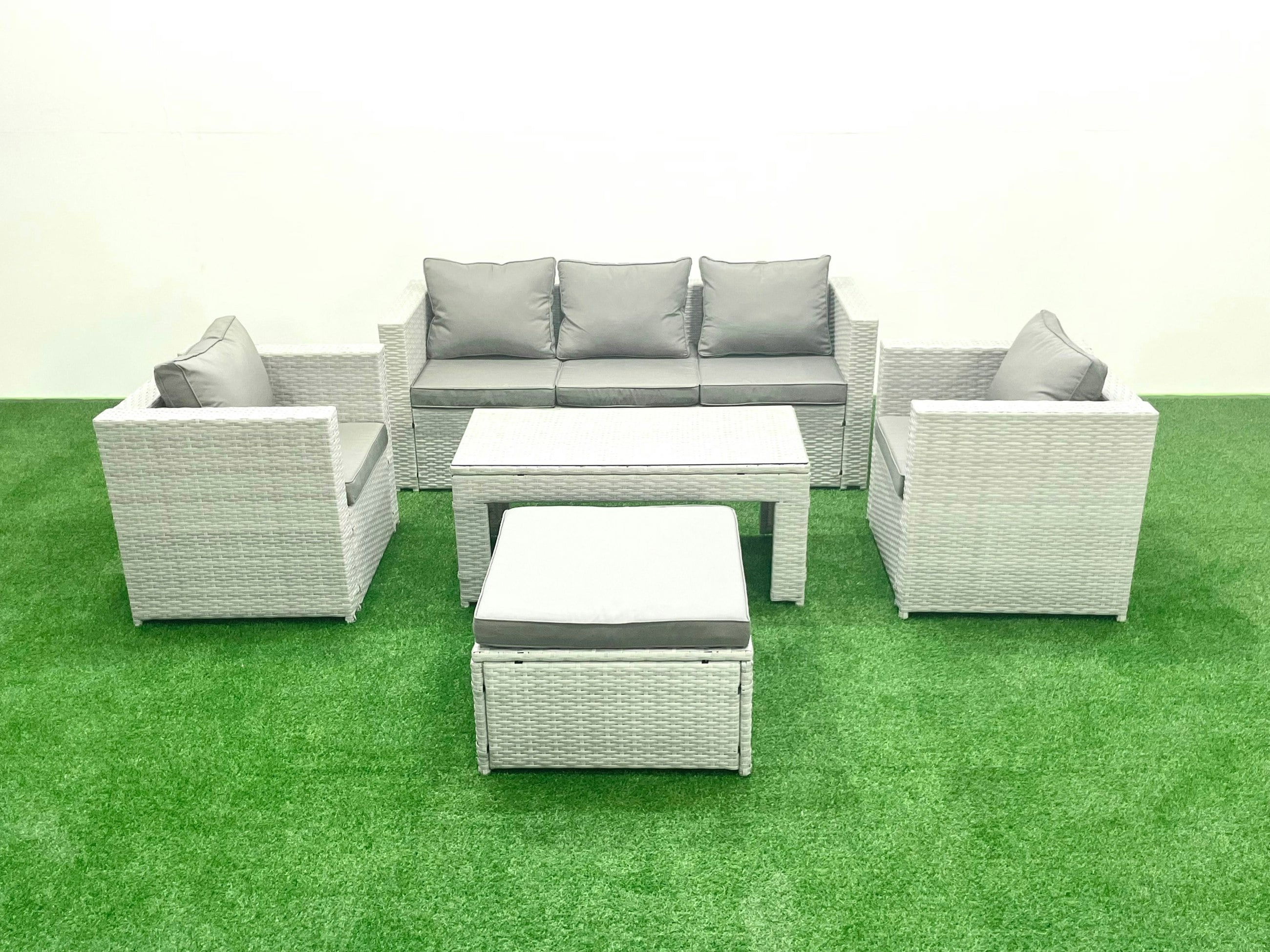 Rackhams Light/Grey Rattan Garden Furniture Set 5 Pieces Outdoor Garden Sofa Oblong Coffee Table Set With 2 Chairs Stool Mixed
