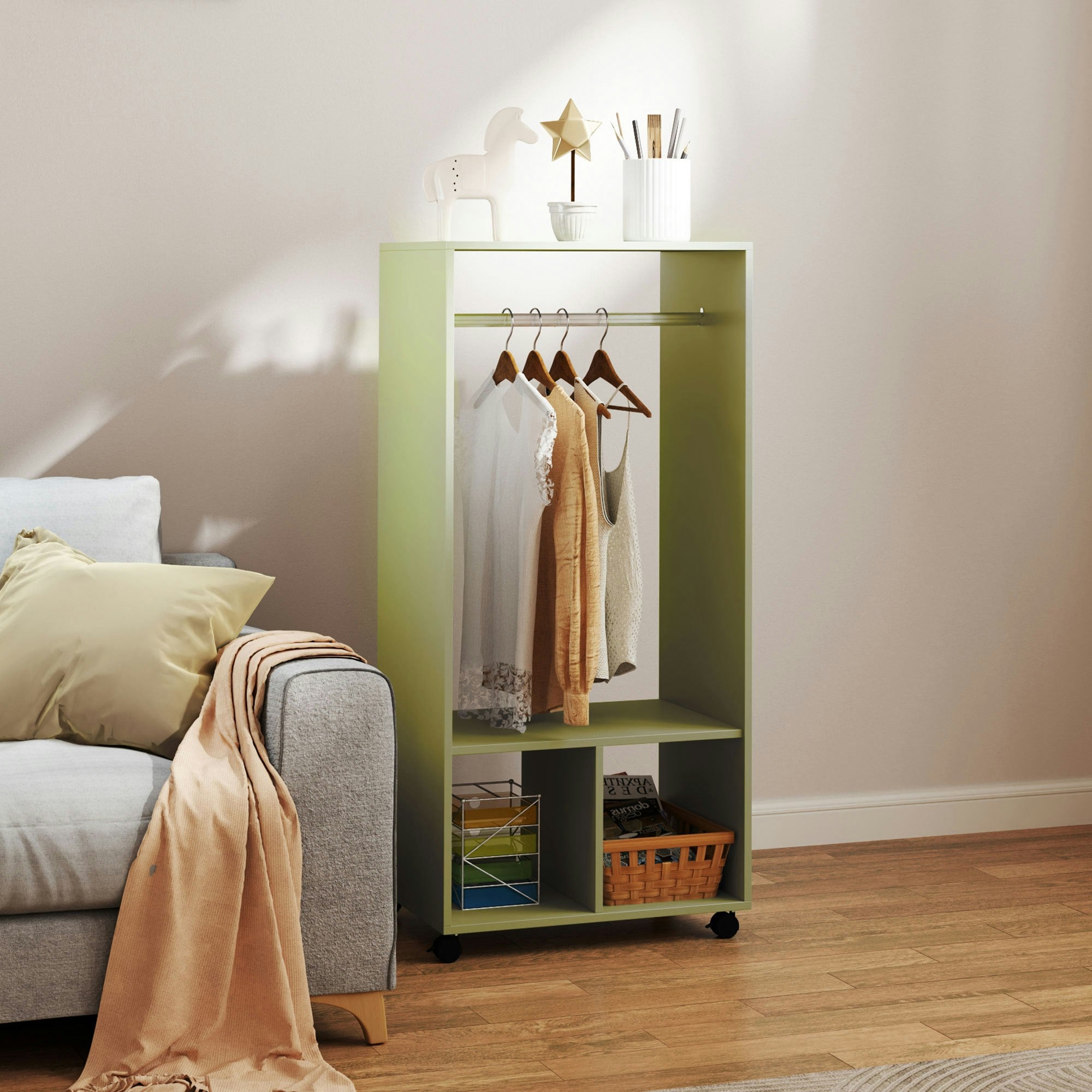 Rackhams White/Green Open Wardrobe Clothes Rail Bedroom Clothes Storage Rod Shelves