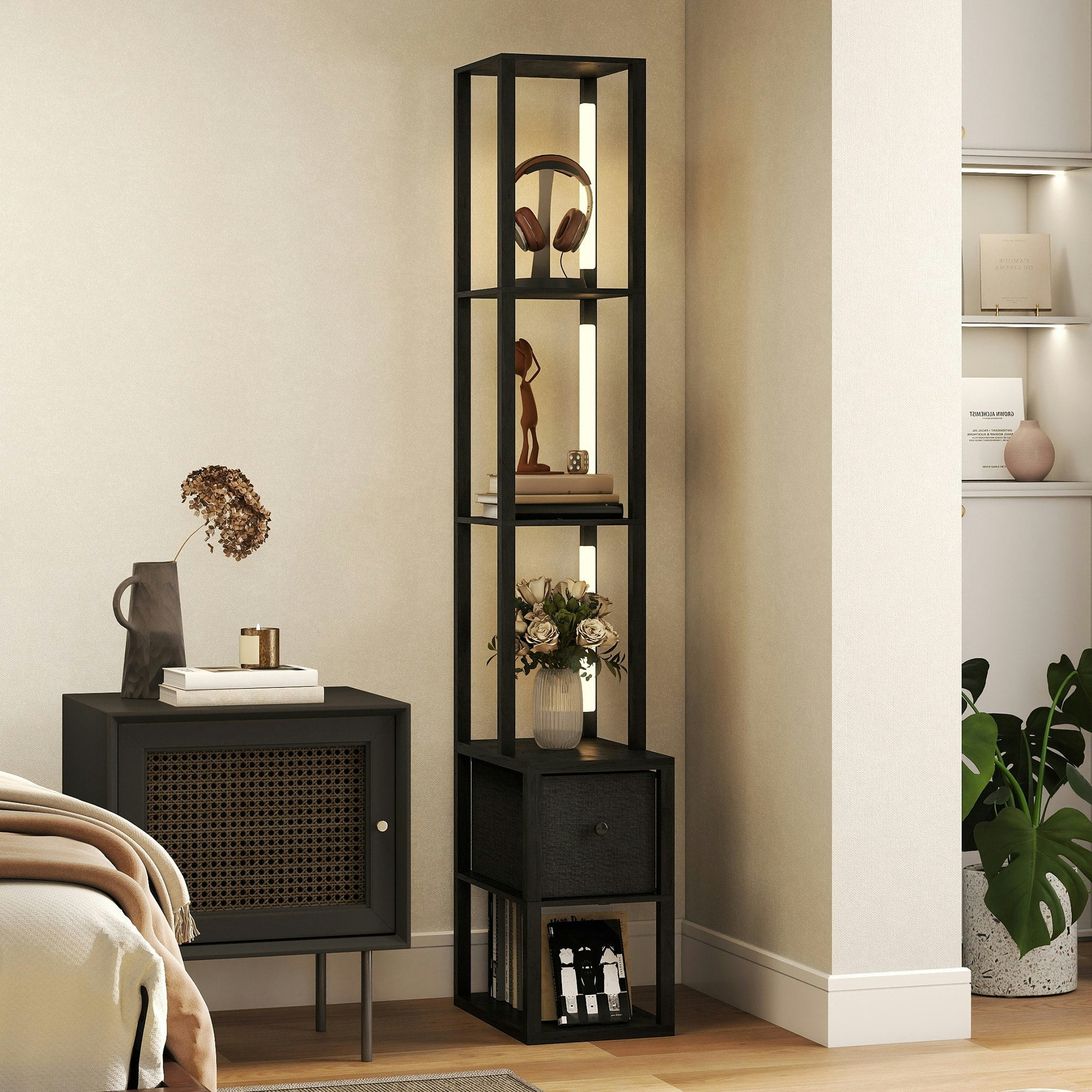 Homcom Black Floor Lamp With Shelves, Led Standing Lamp With Fabric Drawer, Oak