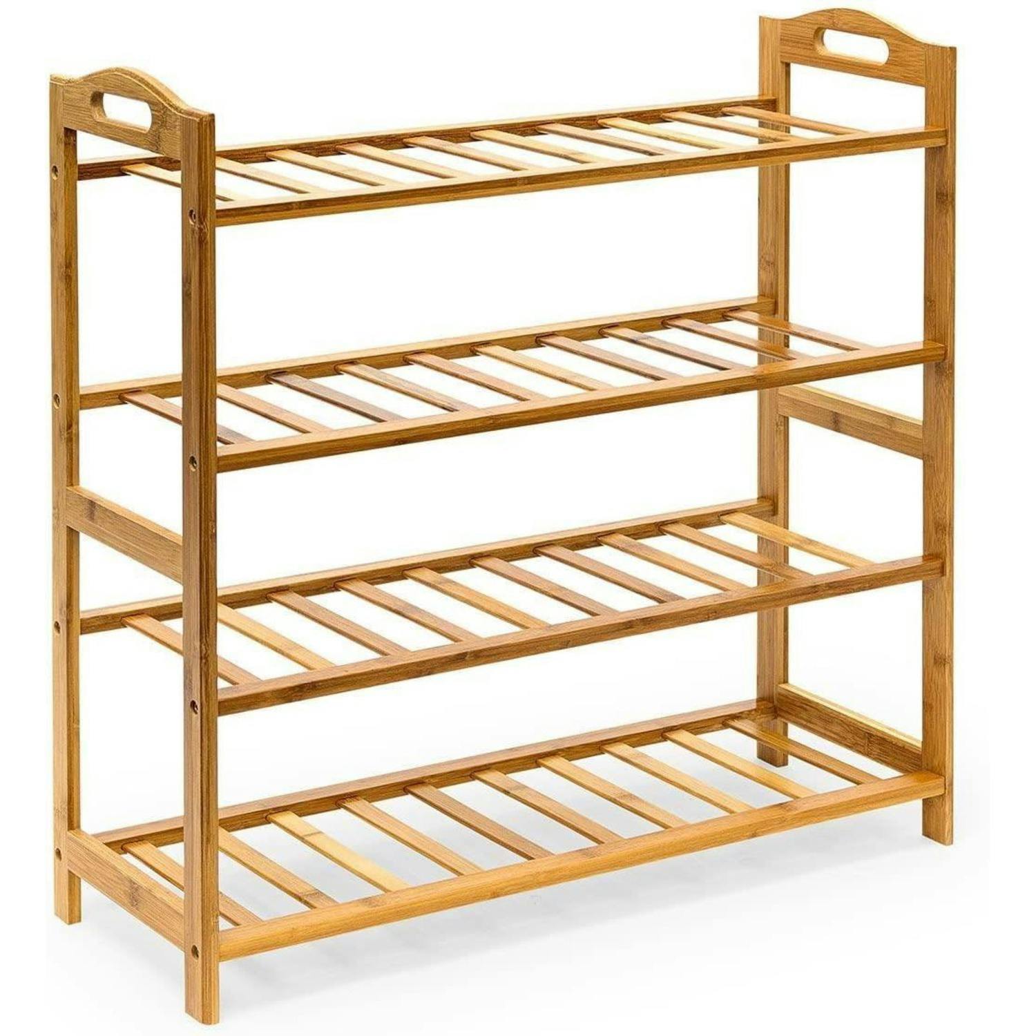 Mantraraj Brown 4-Tier Bamboo Shoe Rack Storage Shelf Wooden Storage Shelves Plants Shoe Storage Organizer - Shoe Rack - Bamboo